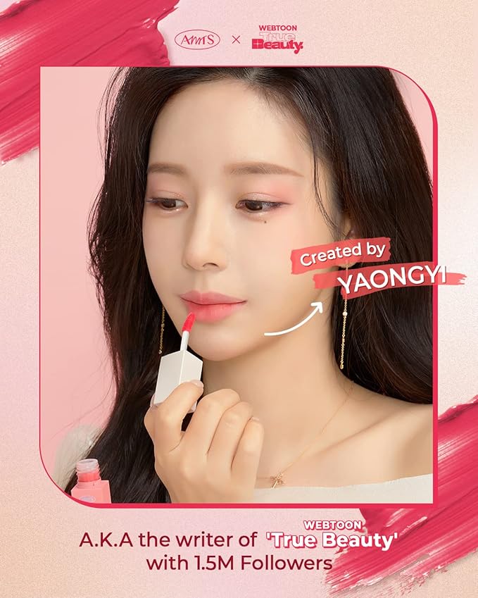 AMTS Webtoon True Beauty - 01 Some Love | Pink Lip Tint Stain | High Pigment Liquid Waterful Shine Non-Sticky Long-Wearing Long-Lasting | True Beauty Cute Pink Makeup