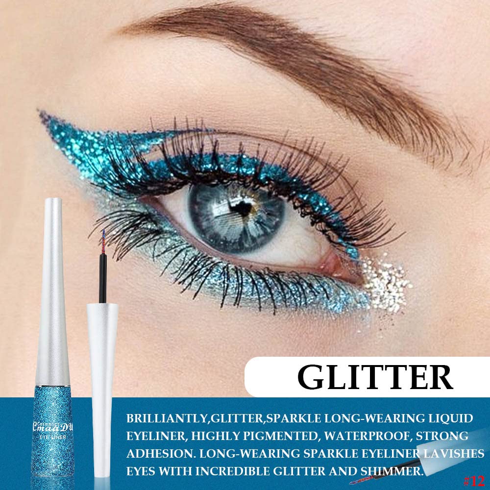 evpct 2Pcs Dark Light Royal Blue Color Liquid Glitter Eyeliner Liners Sets for Women Liquid Sparkly Glitter Eyeliner delineador con glitter de colores para ojos colores 03+12
