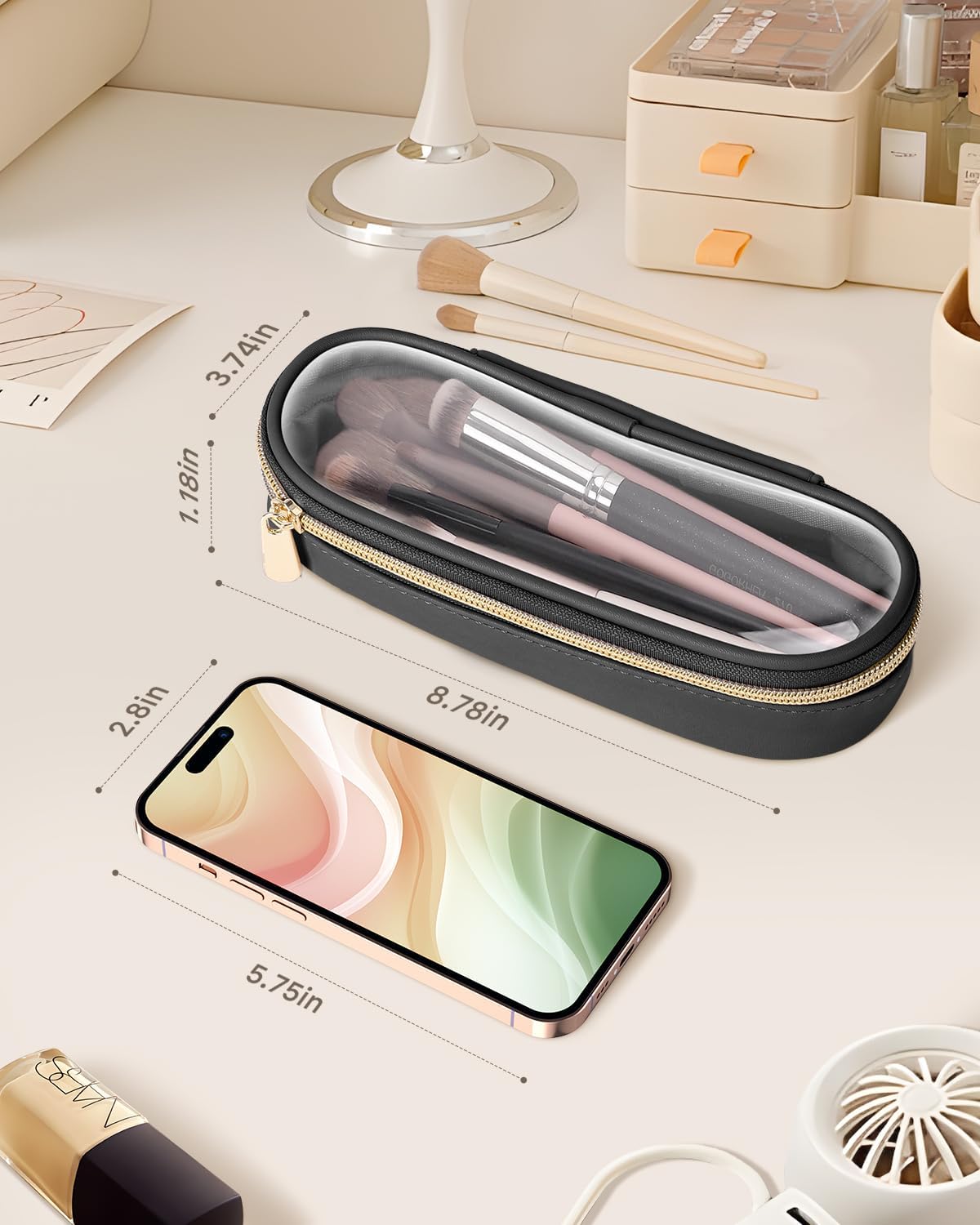 Clear Travel Makeup Brush Holder, Leather Makeup Brush Toiletry Bag, Portable Cosmetic Brush Case, Transparent Waterproof Makeup Brush Storage Bag, Black, Large