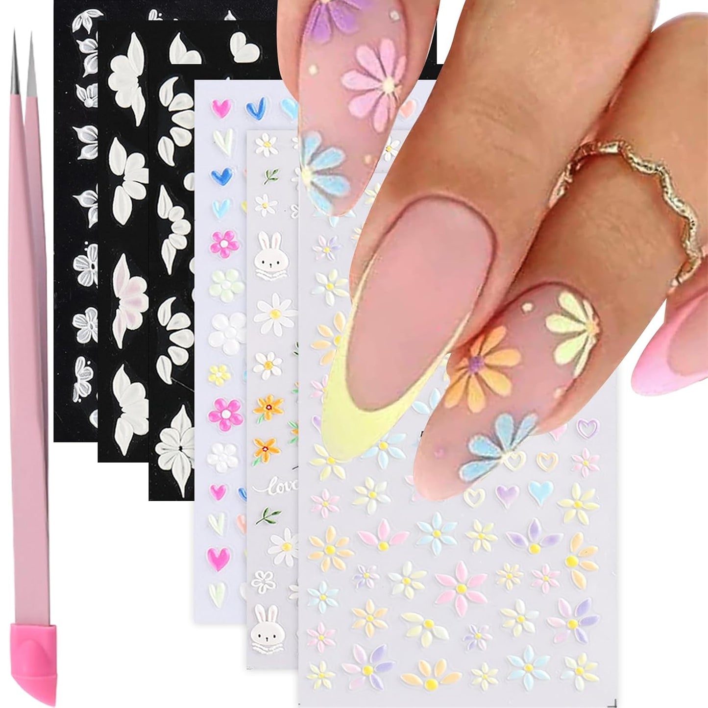 6 Sheets Flower Nail Art Stickers Decals 5D Embossed Nail Decals Spring Summer Self-Adhesive Nails Accessories 3D Flowers Decal for Women Nails Design Decoration