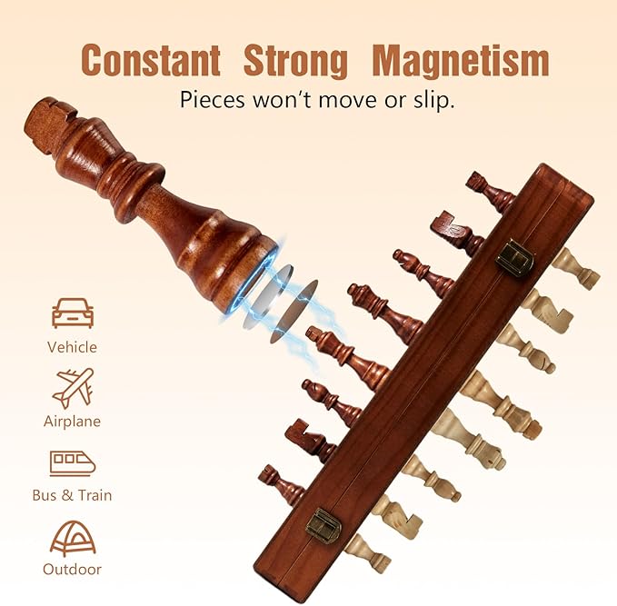 MerryPony 2 in 1 Magnetic Wooden Chess and Checkers Set, 15" Foldable Chess set for Adults & Kids, Chess Board with 2 Extra Queens, Travel Chess Set with Pieces Storage Slots, Ideal Chess for Beginner