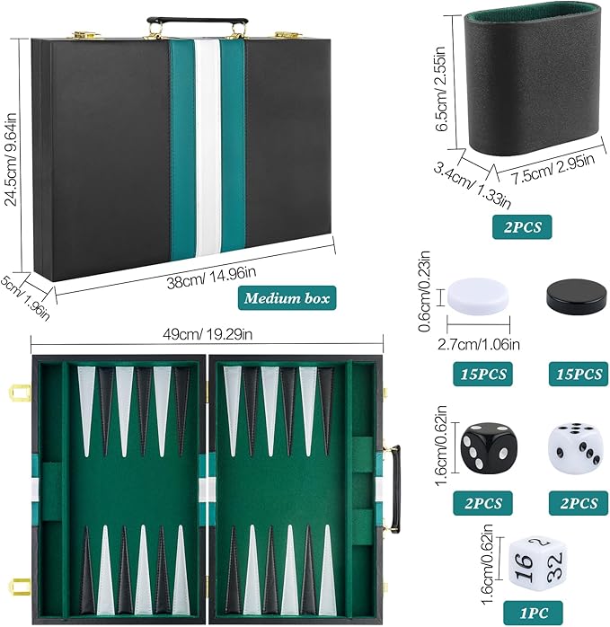 Backgammon Set 2 Players Classic Backgammon Sets for Adults Board Game with Black PU Leather Case Portable and Travel Backgammon Set (Green, 15inch)