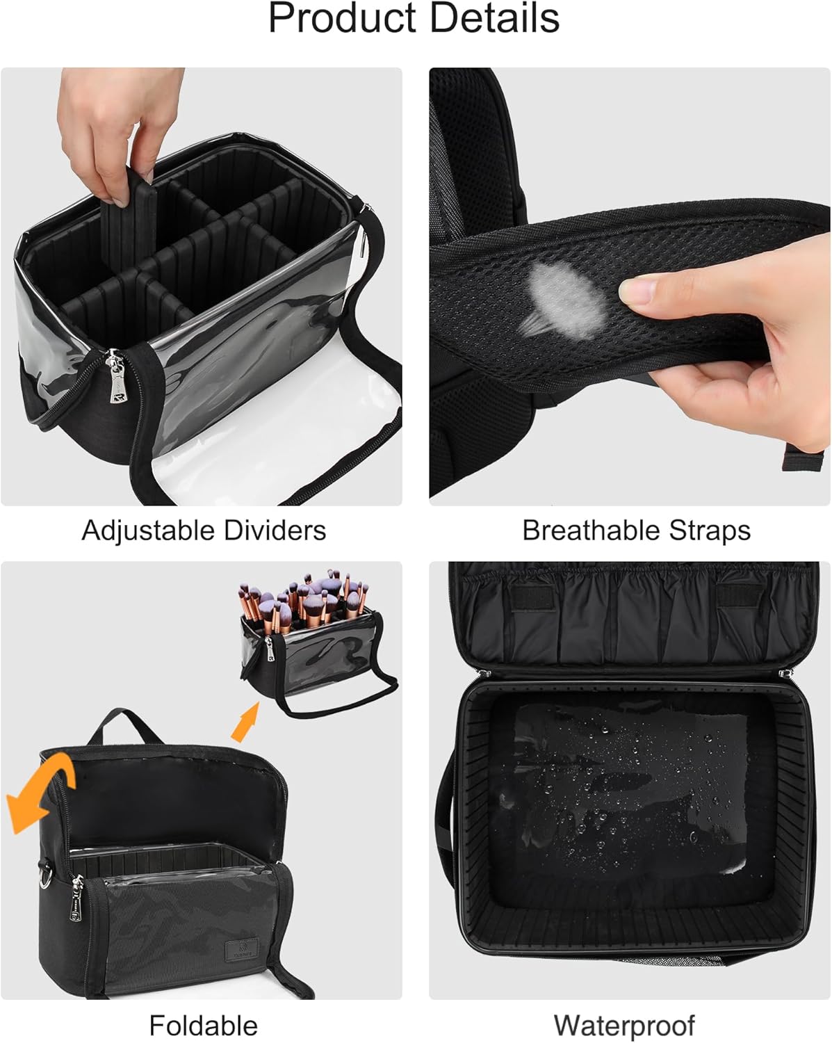 Makeup Backpack Makeup Artist Bag Professional Extra Large Cosmetic Bags Travel Train Case Storage Organizer Double-Layer Cosmetic Case with 4 Pouch and Brush Organizer (Black, two piece)
