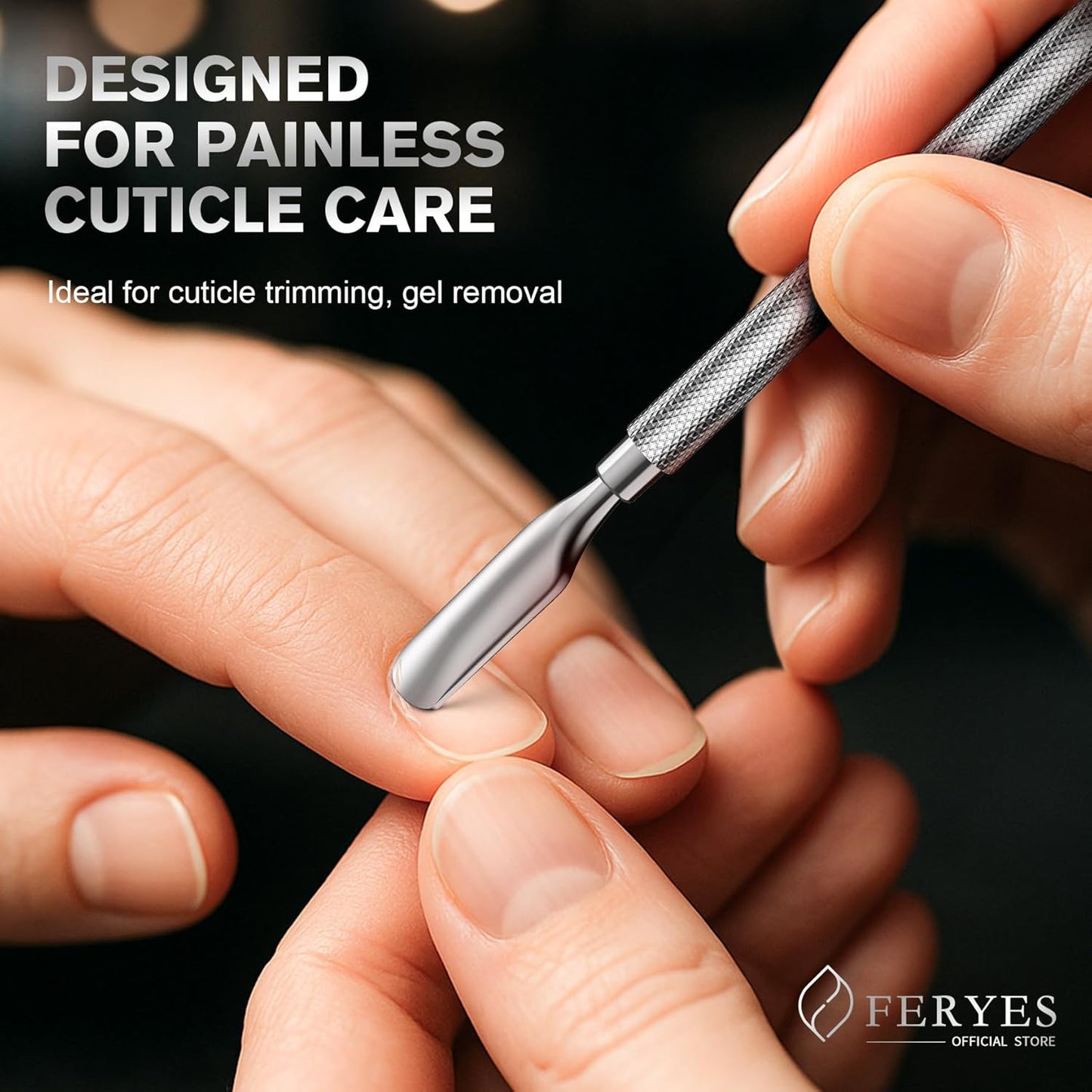 FERYES Professional Cuticle Pusher & Remover Tool - Stainless Steel Dual-Sided Nail Care Tool for Manicure & Pedicure - 5.2 Inch Salon & Home Use