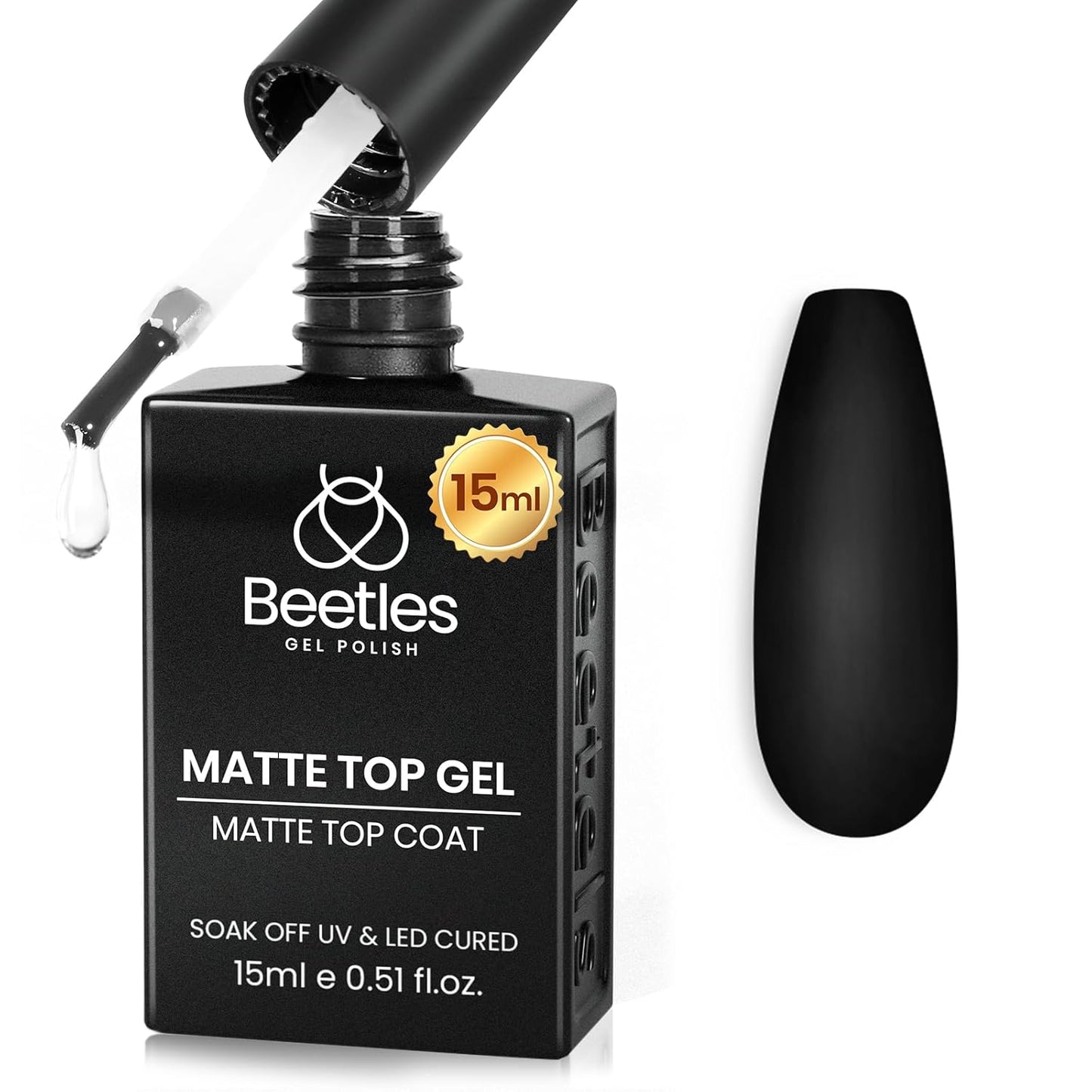Beetles 15 ml Matte Gel Top Coat, Chrome Proof Matte Top Coat Gel Nail Polish No Wipe Low‑Odor Compatible with UV/LED Lamps Long Lasting 21 Days+ Finish Diy at Home