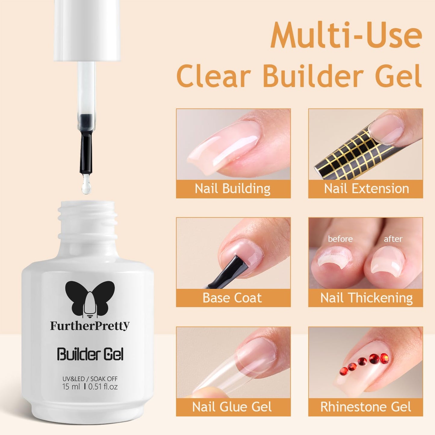 Builder Gel Nail Kit, 3PCS Set 15ml No Wipe Top Coat, Base Coat, and Nail Glue Gel for Nail Extension, UV LED Soak Off Gel Nail Polish Kit for Home Manicure and Professional Salon Use