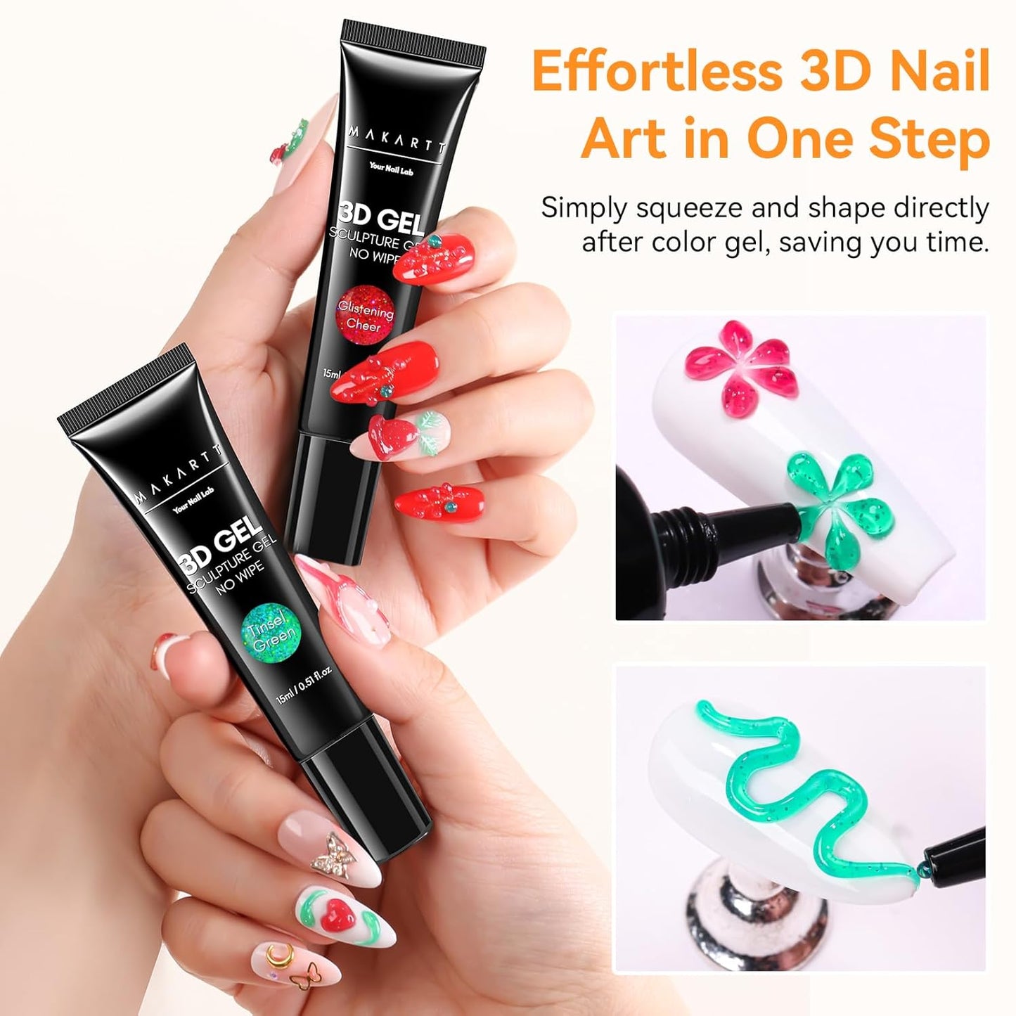Makartt 3D Sculpting Gel for Nail Art Kit: 3D Nail Gel for Nail Art, 15ml No Wipe Polish for Molding Drawing, Embossed Gels for Nail DIY Manicure - Glistening Cheer & Tinsel Green (2PCS)