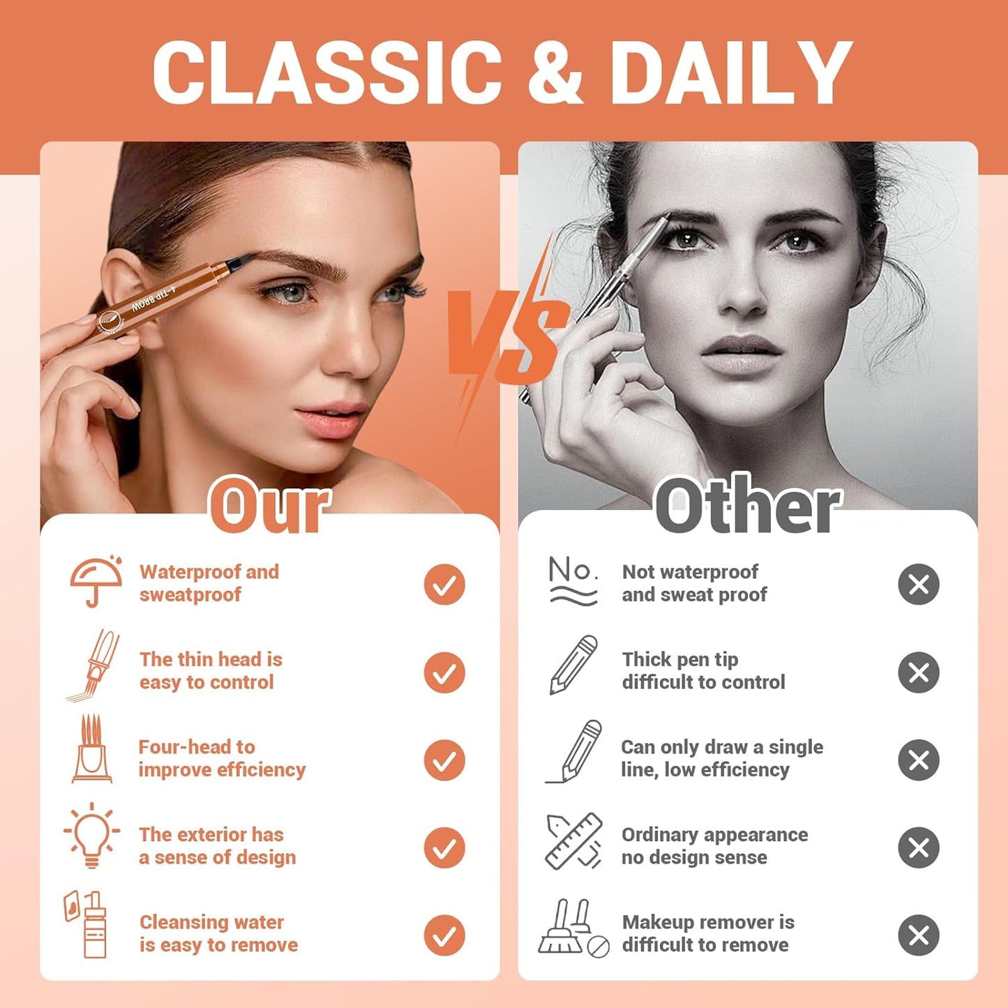 2025 New Magic Eyebrow Pencil, 4 Tipped Precise Brow Pen 3D Waterproof Microblading Contouring Pen Fine Stroke Microblading Eyebrow Pencil Creates Natural (Red Brown)