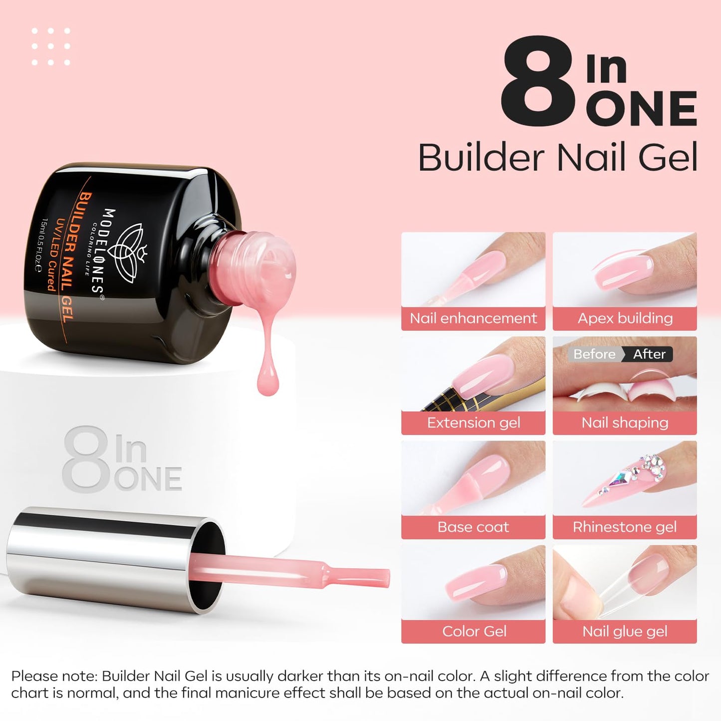 modelones Builder Nail Gel, 8-in-One Neutral Nude Pink Builder for Nail Thickening Apex Building, Rose Blush Pink Rubber Color Base LED Lamp Cured Strengthener Extend Hard Gel Polish for DIY Salon