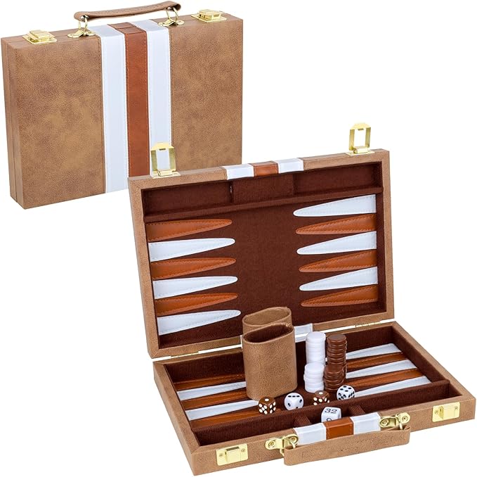 Backgammon Set 2 Players Classic Backgammon Sets for Adults Board Game with PU Leather Case Portable and Travel Backgammon Set (Retro Brown, 11inch)