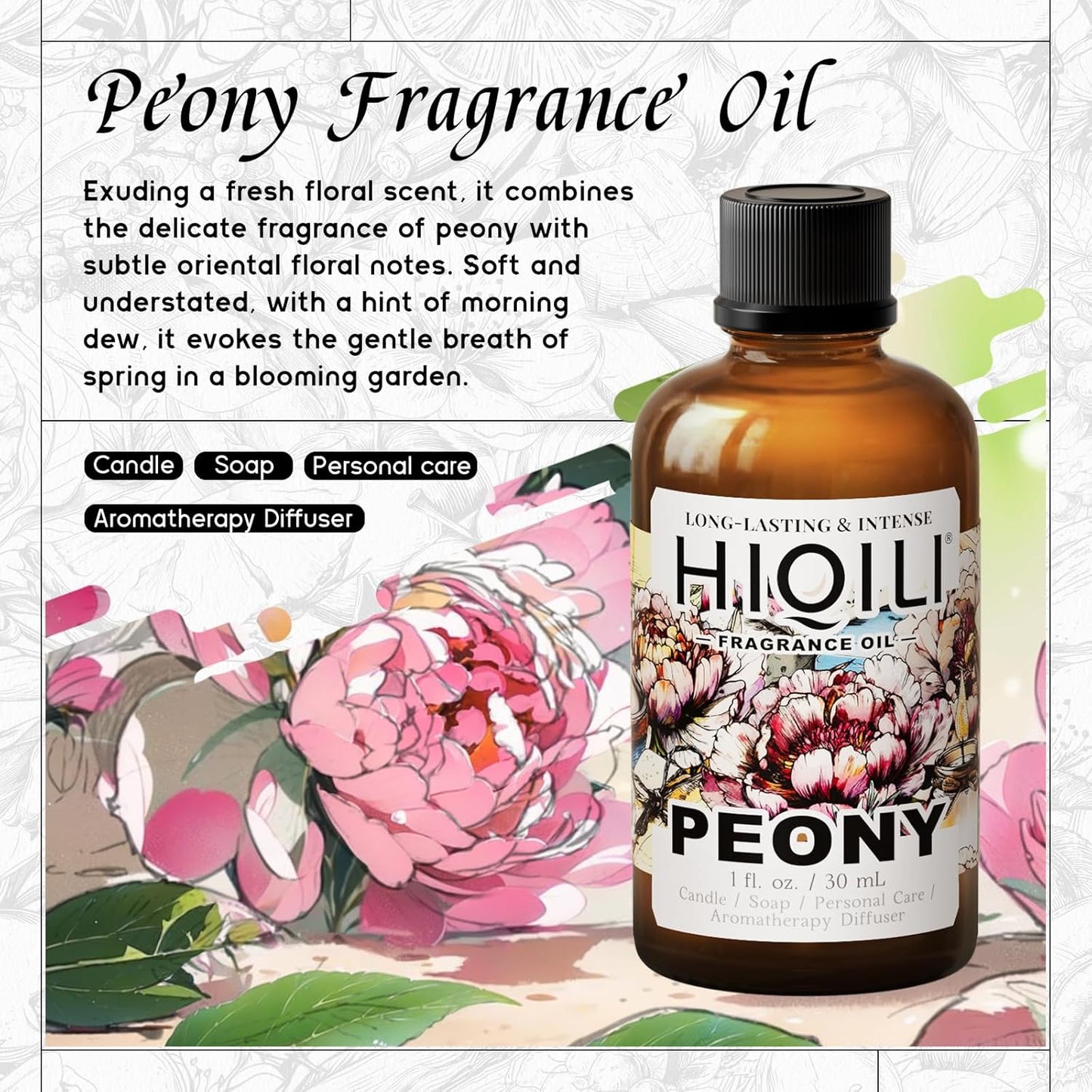HIQILI Peony Fragrance Oil for Home Diffuser, Idea for Making Candle, Women's Perfume, Car Air Freshener, Skin & Body Care - 1 Fl Oz