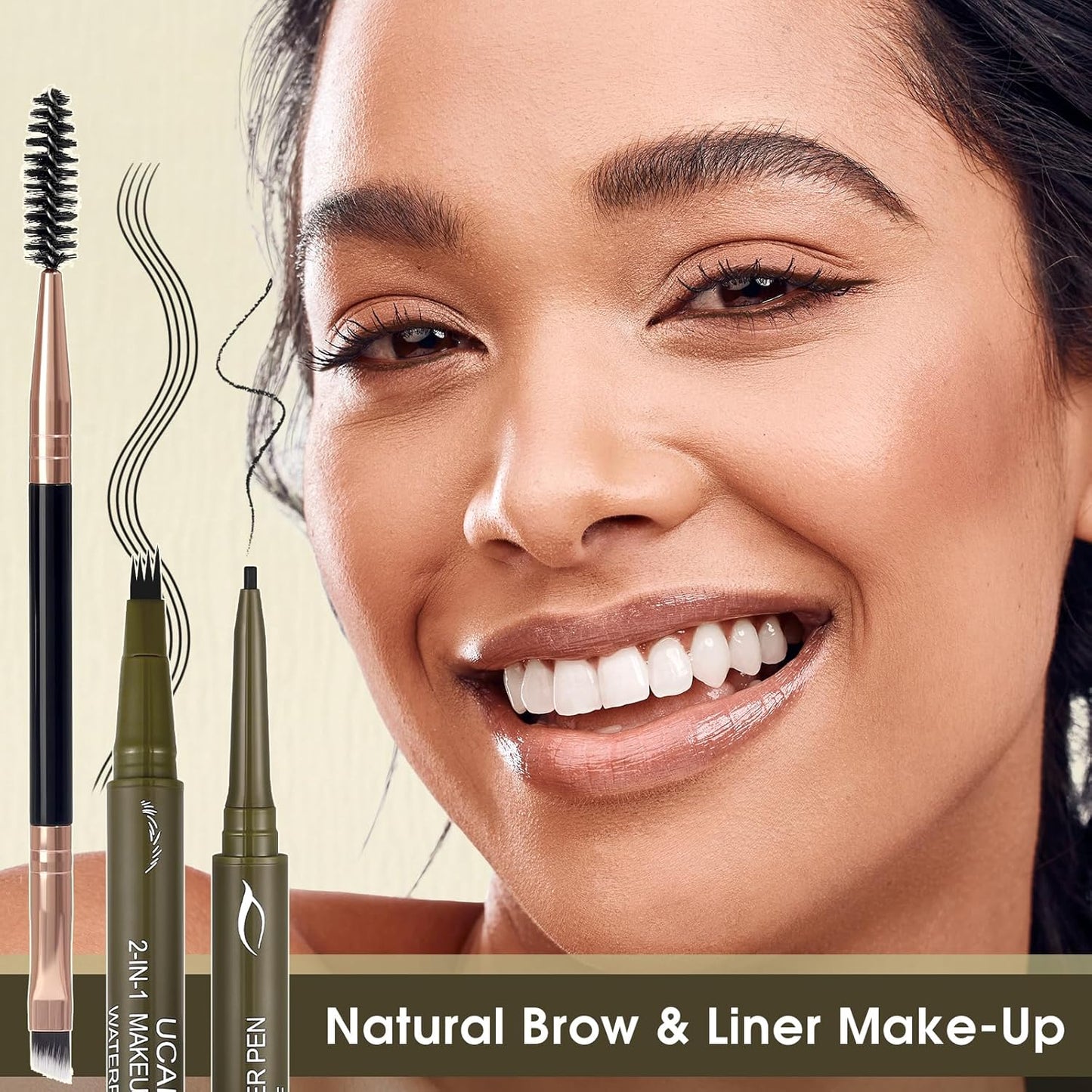 UCANBE Eyebrow Pencils for Women with Spoolie Brush, Dual-Ended Eyebrow Pen with 4-Fork-Tip & Gel Eyeliner, Microblading Brow Pen with Eyeliner Pencil + Brow Brush for Hair Like Brows, Soft Black