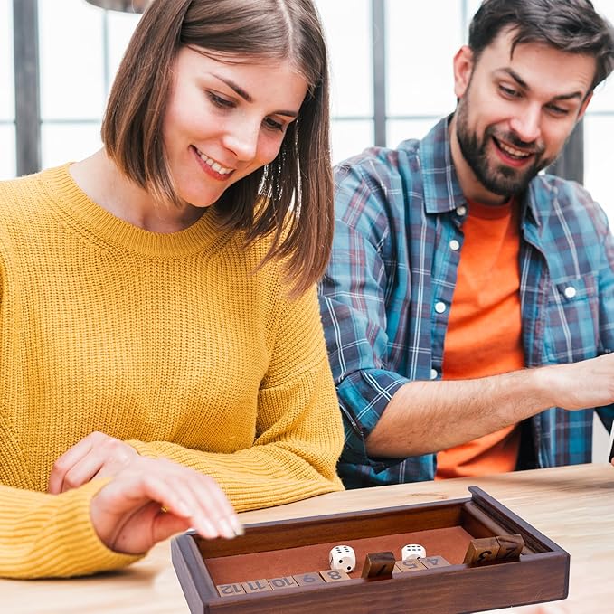 Shut The Box Game with 12 Pcs Wooden Numbers，Wooden Board Table Math Game