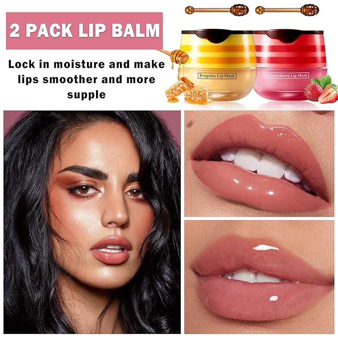 NVLEPTAP 2PCS Bee Lip Balm Honey Pot Honey & Strawberry Lip Balm Moisturizing Honey Lip Mask Lip Care Products Lip Balm with Wand