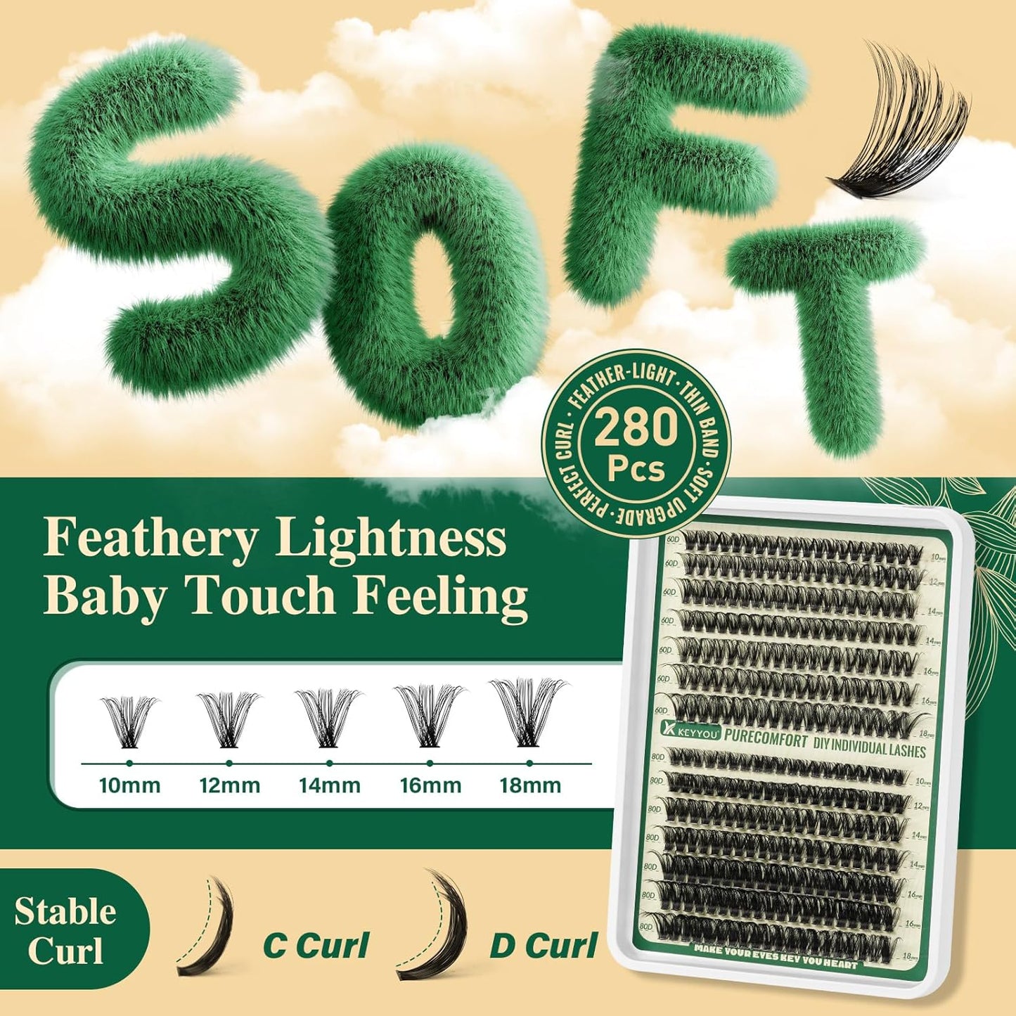 KEYYOU DIY Lash Extension Kit 280pcs Soft Lash Clusters 60D+80D D Curl Easy to Apply with Lash Bond and Seal Lash Applicator Lash Remover Eyelash Extension Kit at Home(RMkit-60D80D-D-10-18mix)