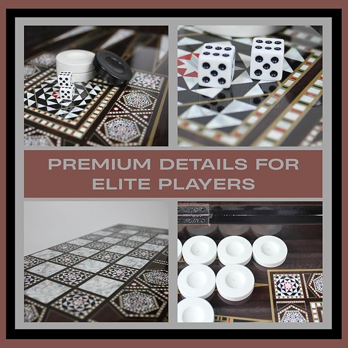 Park Oz Pearl Premium Turkish Backgammon and Checkers Set 19 Inch Handmade 2 in 1 Wooden Board Game with Glossy Finish Luxury Checkers and Dice Travel Friendly and Foldable