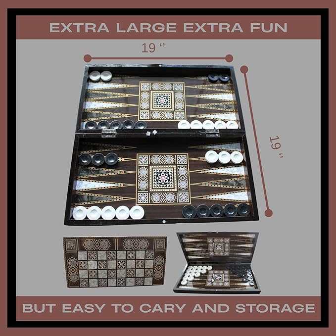 Park Oz Pearl Premium Turkish Backgammon and Checkers Set 19 Inch Handmade 2 in 1 Wooden Board Game with Glossy Finish Luxury Checkers and Dice Travel Friendly and Foldable