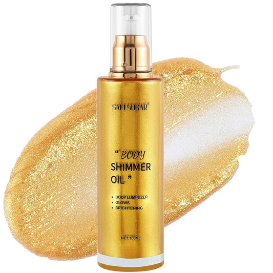 Shimmer Body Oil, Long Lasting Moisturizing Body Glow Glitter for Women Face Luminizer Highlighter Makeup 100ml Shimmer Oil for Glowing Skin Lotion (Gold)