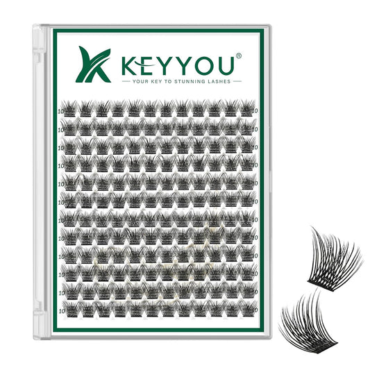 KEYYOU Lash Clusters 144pcs Individual D Curl 10mm Air Touch Cluster Lashes Super Lightweight Soft Wispy Comfortable Easy DIY at Home