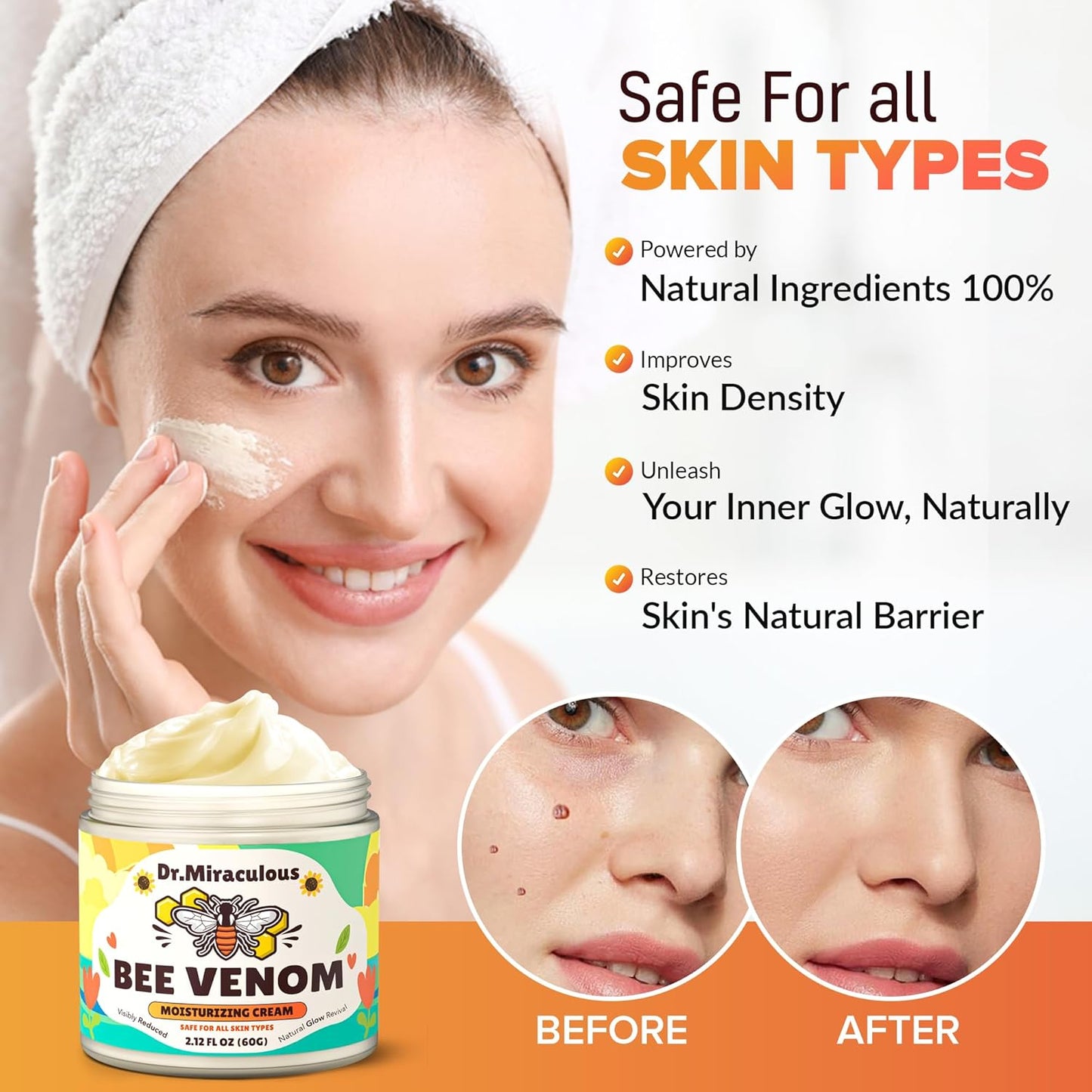 Bee Venom Skin Cream, Propolis & Peptide Anti-Aging Moisturizer for Wrinkles Removal, Hydration & Firming Skin (2.12 fl oz)