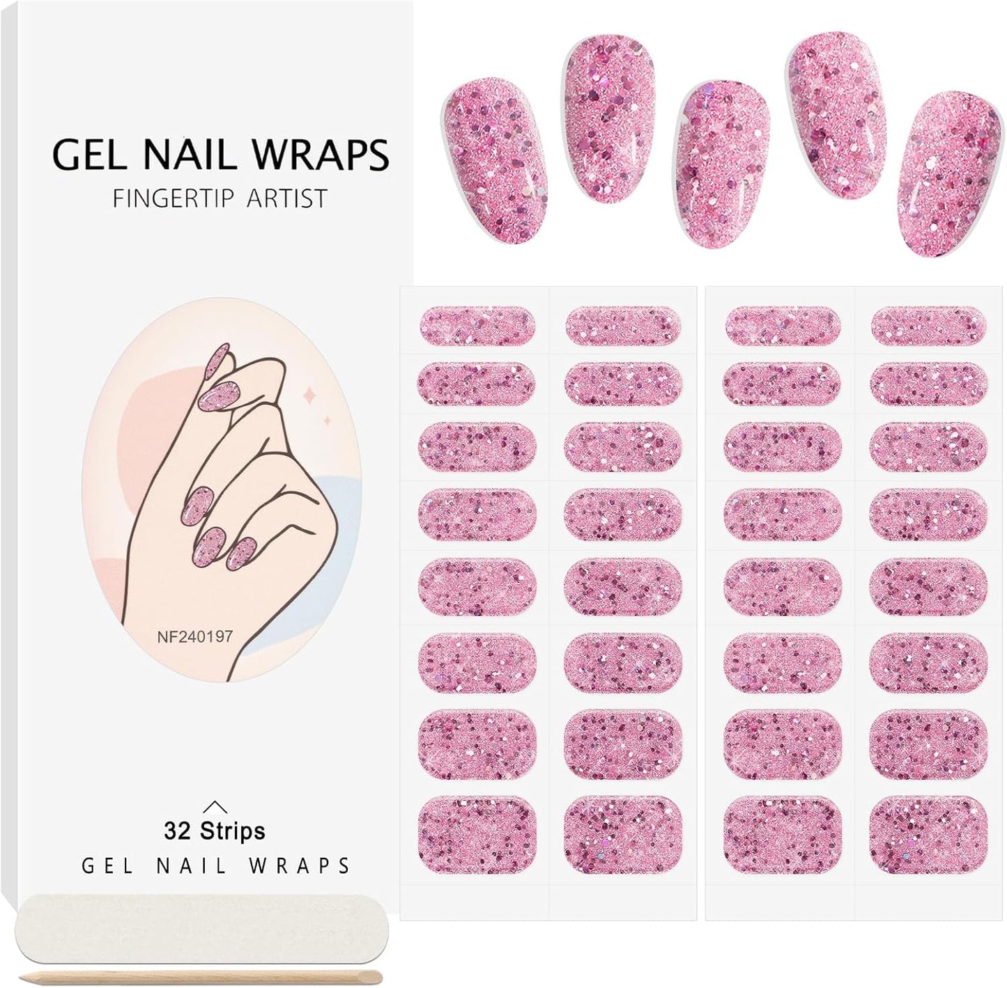 EBANKU Valentine Gel Nail Strips, 32PCS Semi Cured Real Nail Polish Strips, Heart with Glitter Pattern, Pink