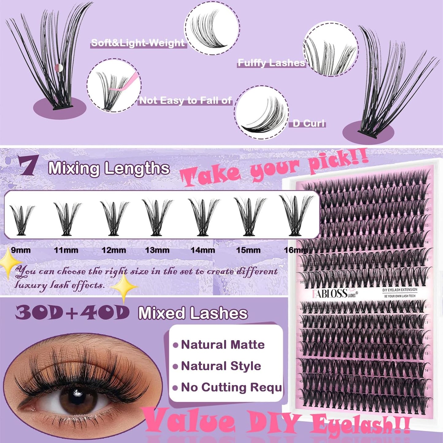 Lash Clusters Kit Fluffy 280Pcs Lash Clusters DIY Eyelash Extension Kit 30D+40D Individual Lashes Clusters Kit with Lash Bond and Seal, Lash Remover, Lash Tweezers(30D+40D, 9-16mm, Kit)