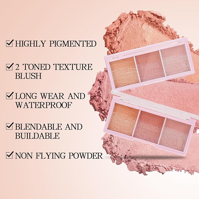 3 Colors Blush Palette，Blush Powder for Cheeks Makeup，Glitter Blusher with Brush，Long Wear，Highly Pigmented