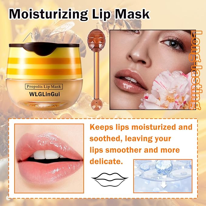 2PCS Bee Lip Balm Honey Pot,Hydrating Lip Moisturizer Cute Honey Pot Lip Balm Lip Scrubs Exfoliator with Wand,Moisturizing Exfoliating Overnight Propolis Lip Sleeping Mask for Men & Women