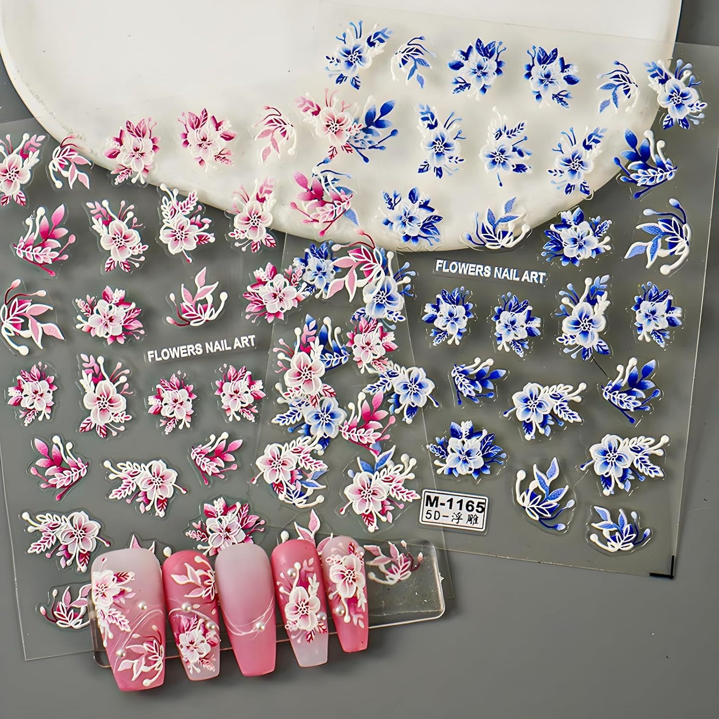 Flower Nail Art Stickers Decals 5D Embossed Self Adhesive Spring Summer Nail Stickers for Nail Art Floral Nail Decals Blue Pink Flower Nail Design Decoration Accessories for Women and Girls