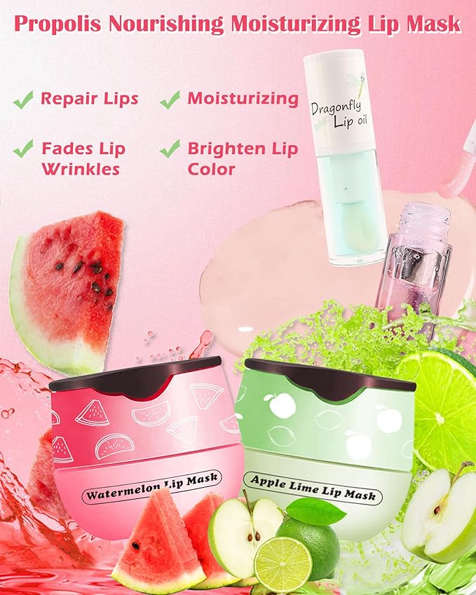 2Pcs Watermelon Lip Balm Honey Pot Lip Mask & Lip Glowy Oil Lip Care Set, Propolis Moisturizing & Nourish Hydrating Lip Gloss Repair, Reduce Lip Line & Plump Dry Cracked Lip Scrub Exfoliator -Set C