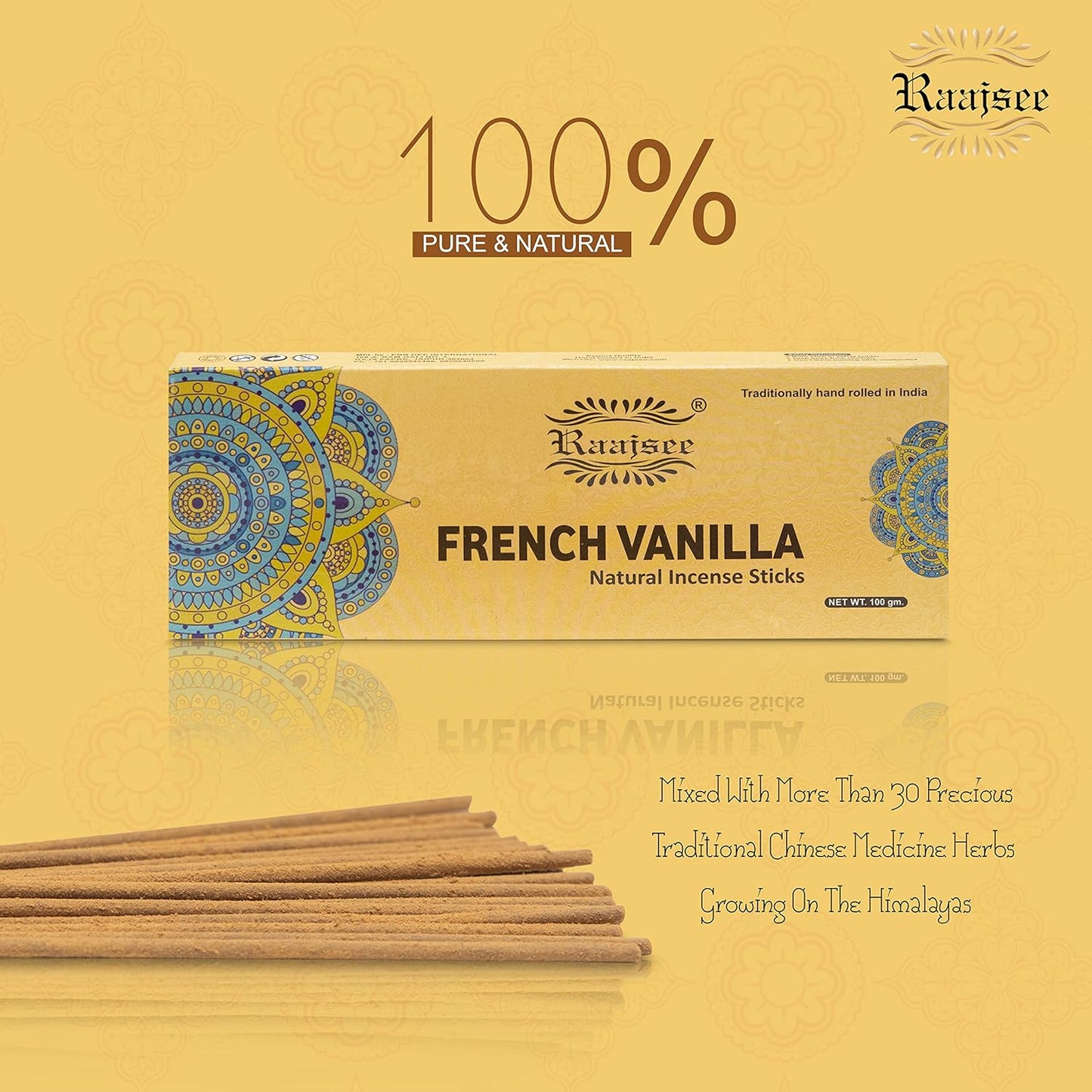 Raajsee Vnilla Incense Sticks 100 Gm Pack-100% Natural Insence Sticks -Organic Non Toxic - Charcoal Free - for Church,Aroma Therapy,Relaxation,Meditation