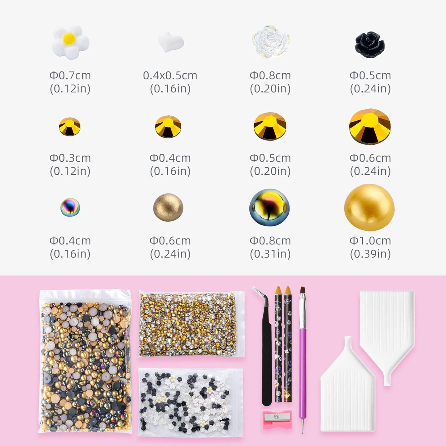 160g Gold Flat Back Pearls Rhinestones for Crafts Mixed Size 3mm-10mm AB Color Round Half Pearls Flatback Pearl Beads and Resin Rhinestones Set for Face Art