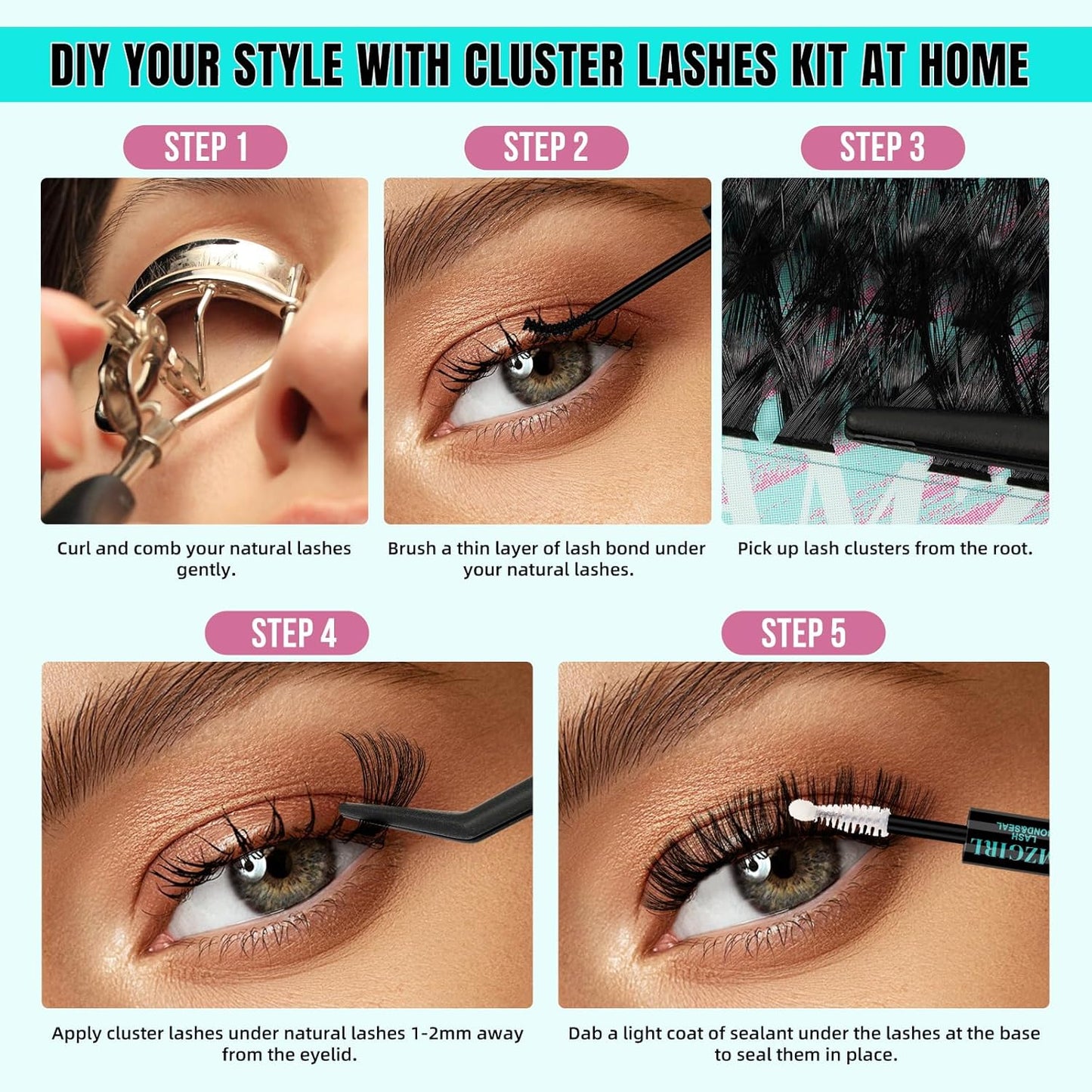 Lash Clusters Kit 320Pcs, 80 100D DIY Individual Extensions, Bond and Seal, Remover, Applicator Tool for False Eyelashes at Home (D-Mix10-16mm)