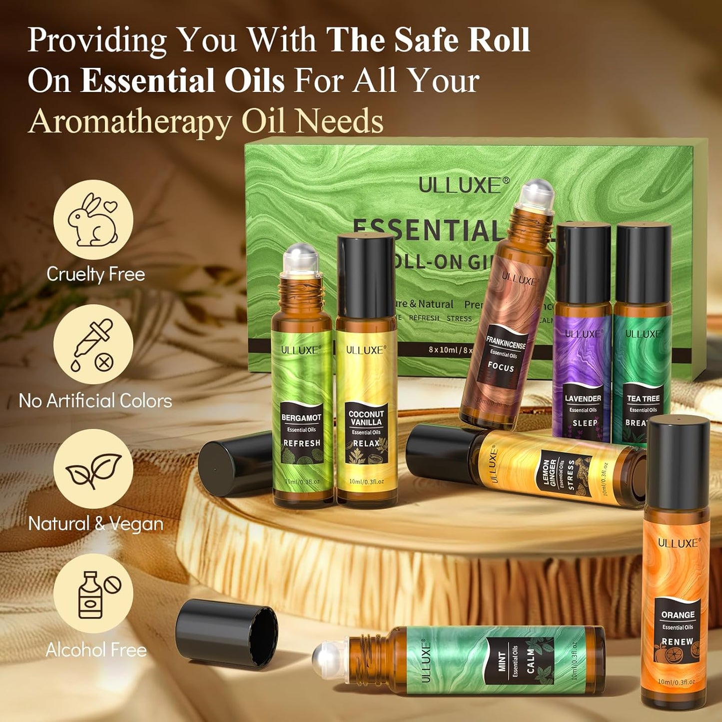 Essential Oils Roll On Set (8 Pack) 8 Scent, Essential Oil with Roller Ball, Natural Aromatherapy Oil for Skin, Stress Comfort, Calming, Relaxation Self Care Gift Set for Women and Men