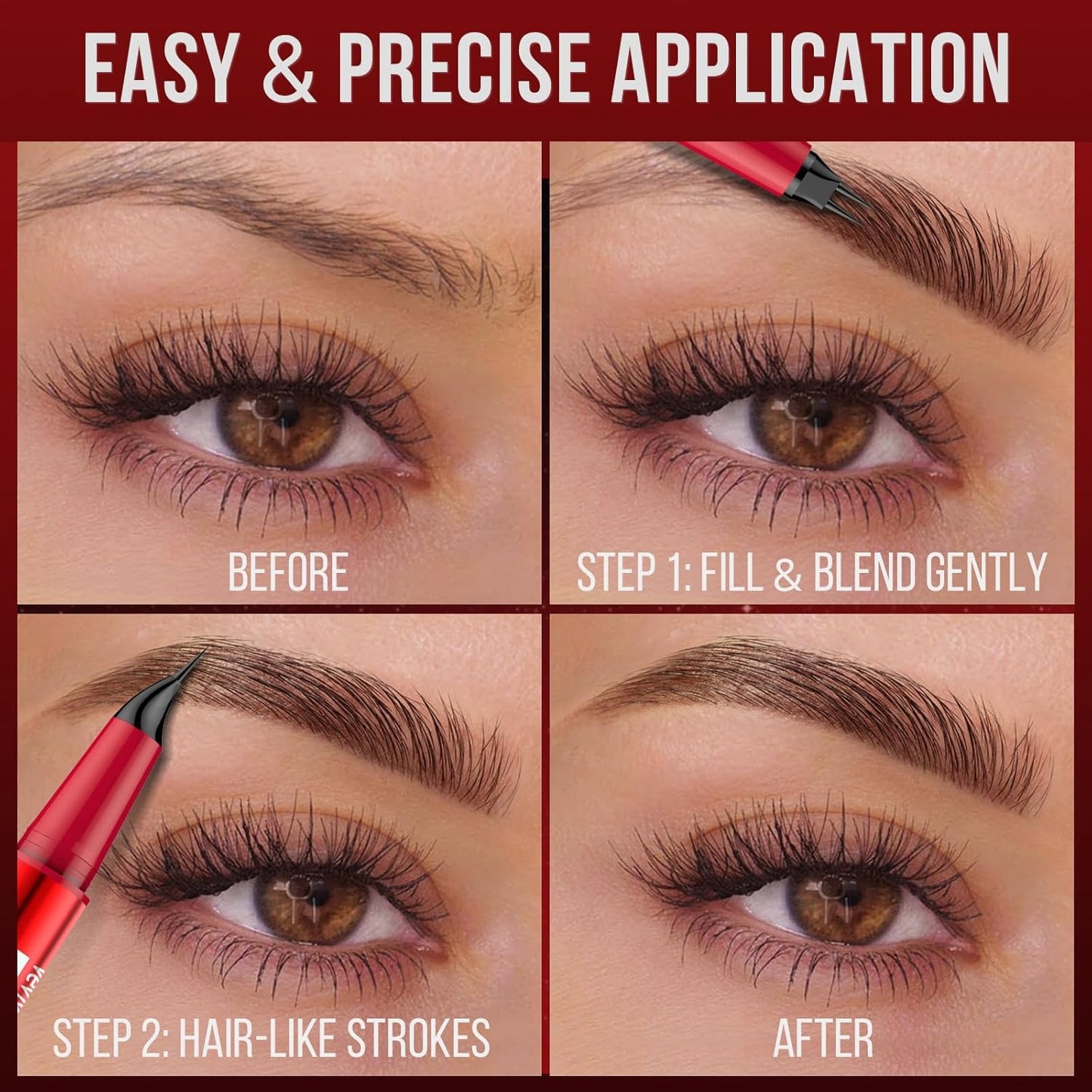 Vevivia Eyebrow Pencils for Women - Eyebrow Pen with Dual-Brush-Tip & Curved Tip for Natural Fuller-Looking Brows, Precise Hair-Like Strokes for All Brow Types, Last All-Day Brow Makeup, Dark Brown