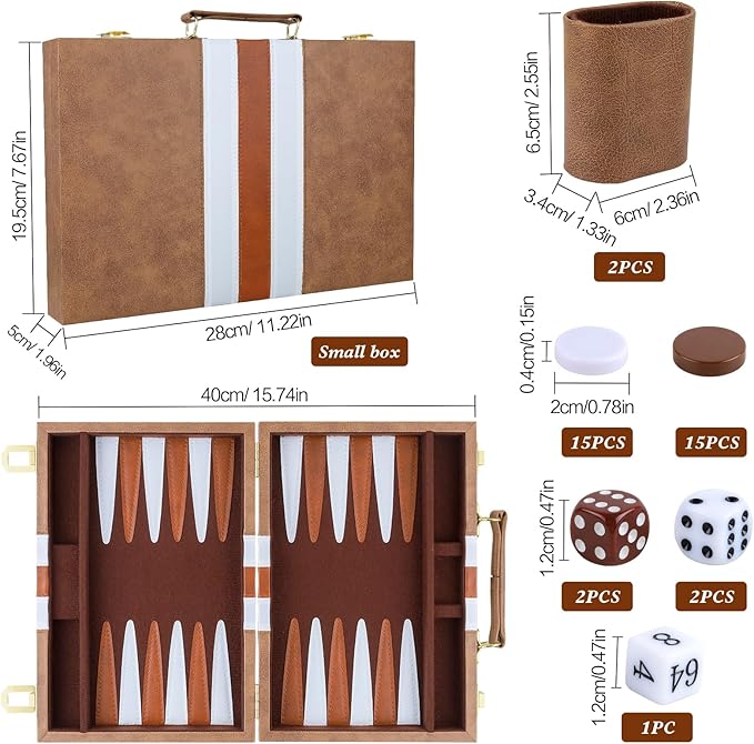 Backgammon Set 2 Players Classic Backgammon Sets for Adults Board Game with PU Leather Case Portable and Travel Backgammon Set (Retro Brown, 11inch)