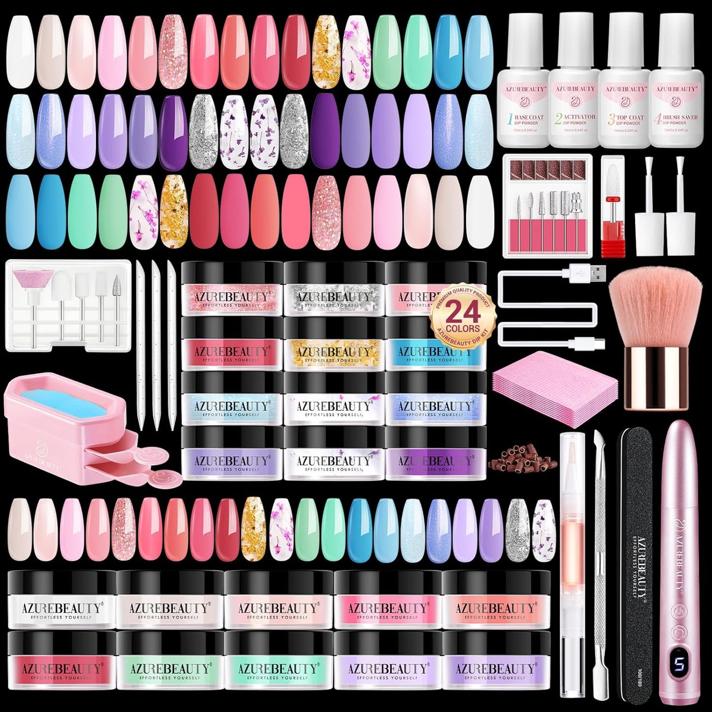 AZUREBEAUTY Dip Powder Nail Kit with Electric Nail Drill 24 Colors Spring Summer Macarons Purple Pink Nail Starter Kit with Dip Liquids Base Top Coat Activator Portable French Nail Art Essential Set