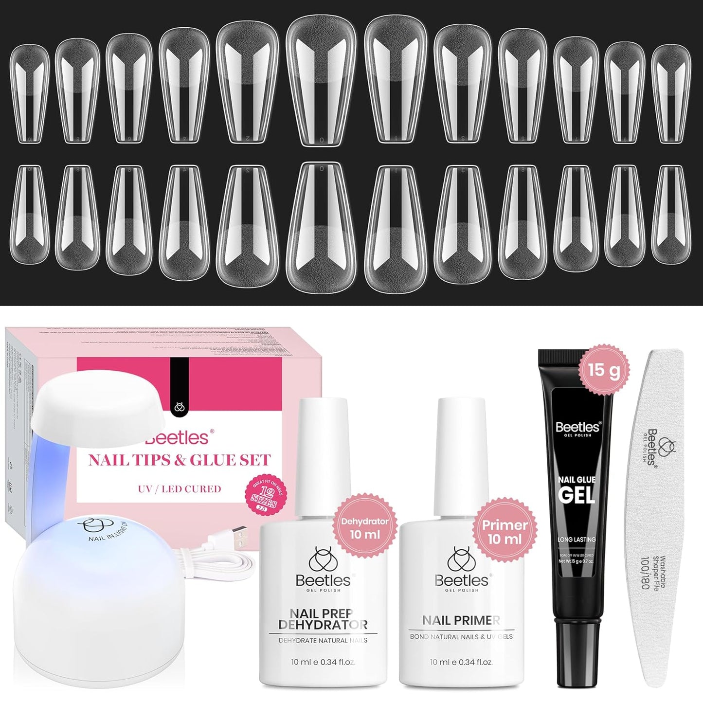 Beetles Gel Nail Kit Medium Coffin with Nail Dehydrator and Primer, 576Pcs Half Matte Etch-X Gel Nail Tips Solid Nail Glue Mini Nail Lamp Acrylic Nail Tips Easy DIY Nail Extension Set Gift for Women