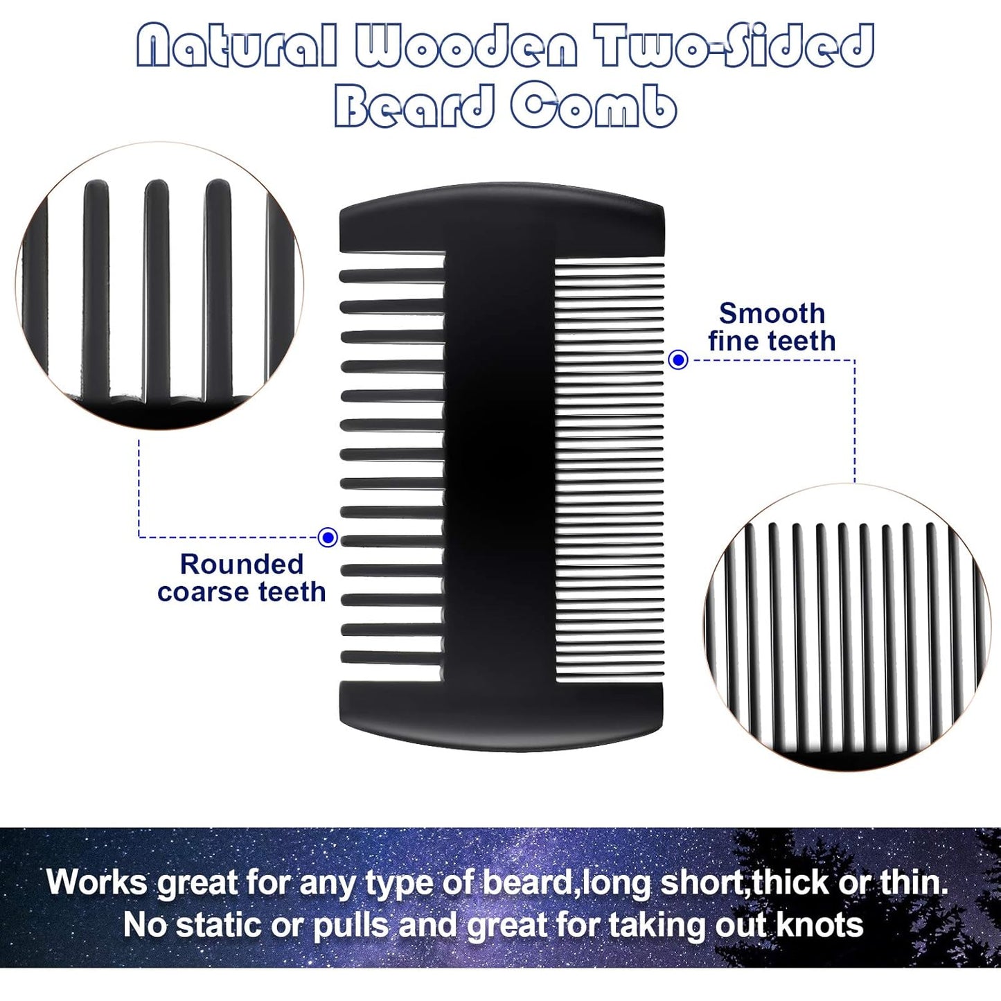 Sandalwood Beard Comb Set with Faux Leather Case - Dual Action Teeth for Mustaches and Beards (Black, 3 Combs + 3 Cases)