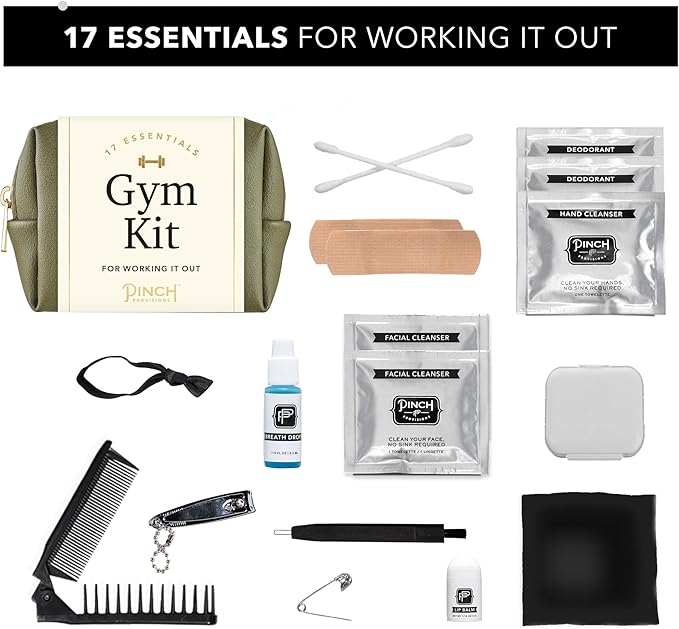 Pinch Provisions Gym Kit, includes 15 Personal Care Essentials for Wellness & Beauty, Perfect for Gifts, Gym Bags, Duffle Bags & Lockers (Olive)