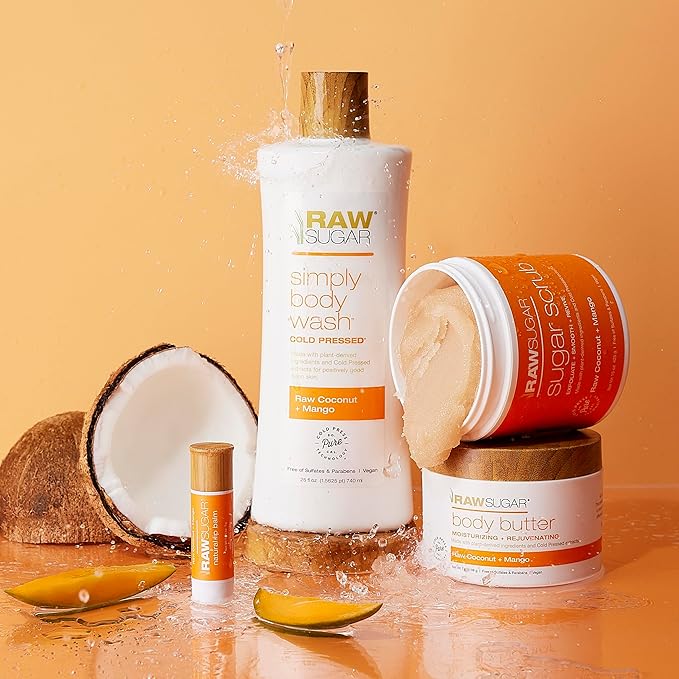 Raw Sugar Nourishing Raw Coconut + Mango Body Love Bundle - Body Wash, Body Scrub, Body Butter & Lip Balm, Clean, Made with Plant-Derived Ingredients, Formulated without Sulfates and Parabens