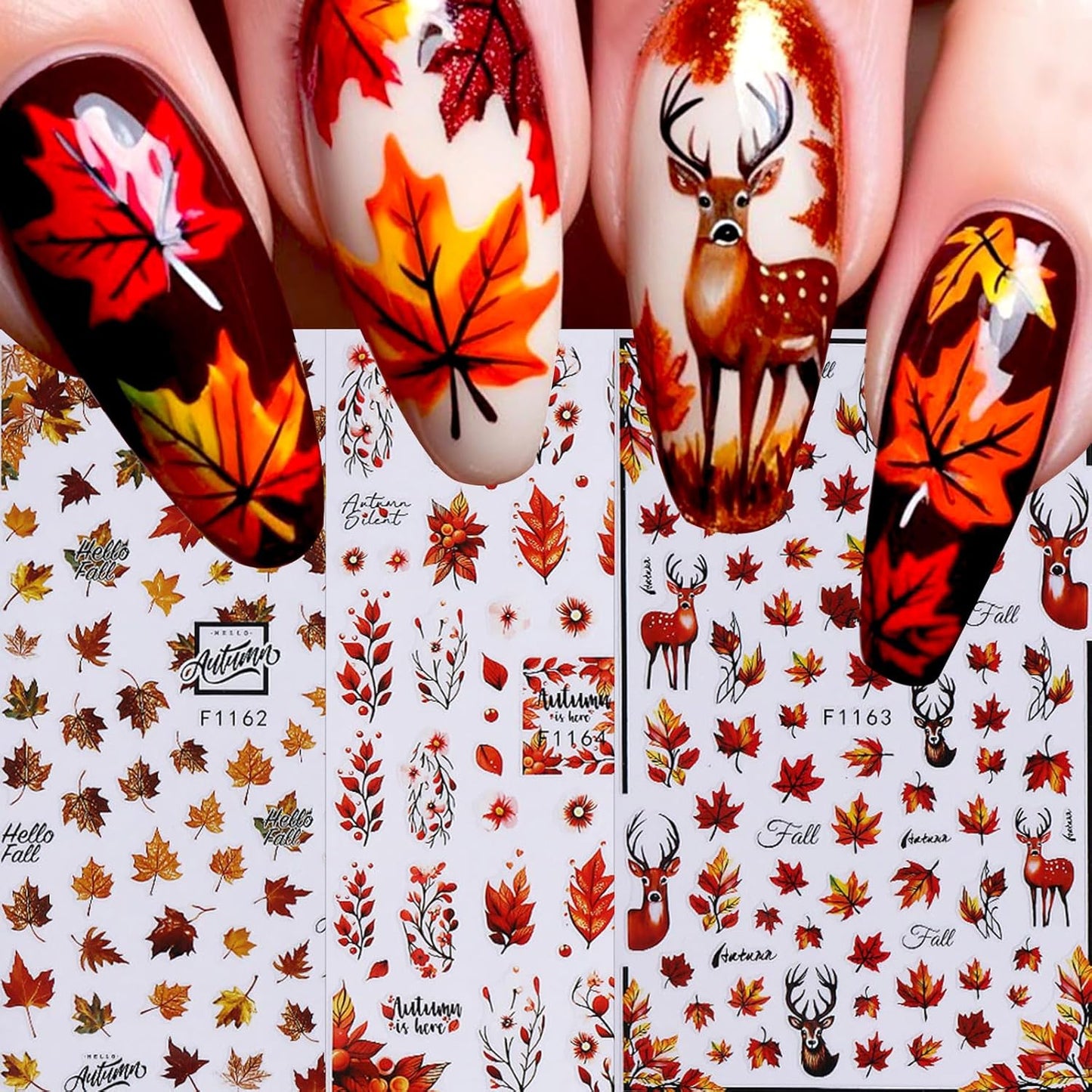 Fall Nail Stickers Maple Leaf Nail Decals 6PCS 3D Self-Adhesive Leaves Deer Nail Designs Stickers Autumn Nail Art Supplies Slider Fall Decorations for Nail Art Women DIY Manicure Accessories