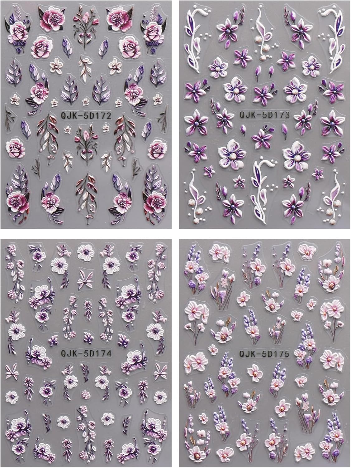 JMEOWIO 3D Embossed Flower Nail Art Stickers Decals Self-Adhesive 5D Spring Summer Floral Nail Supplies Nail Art Design Decoration Accessories 4 Sheets