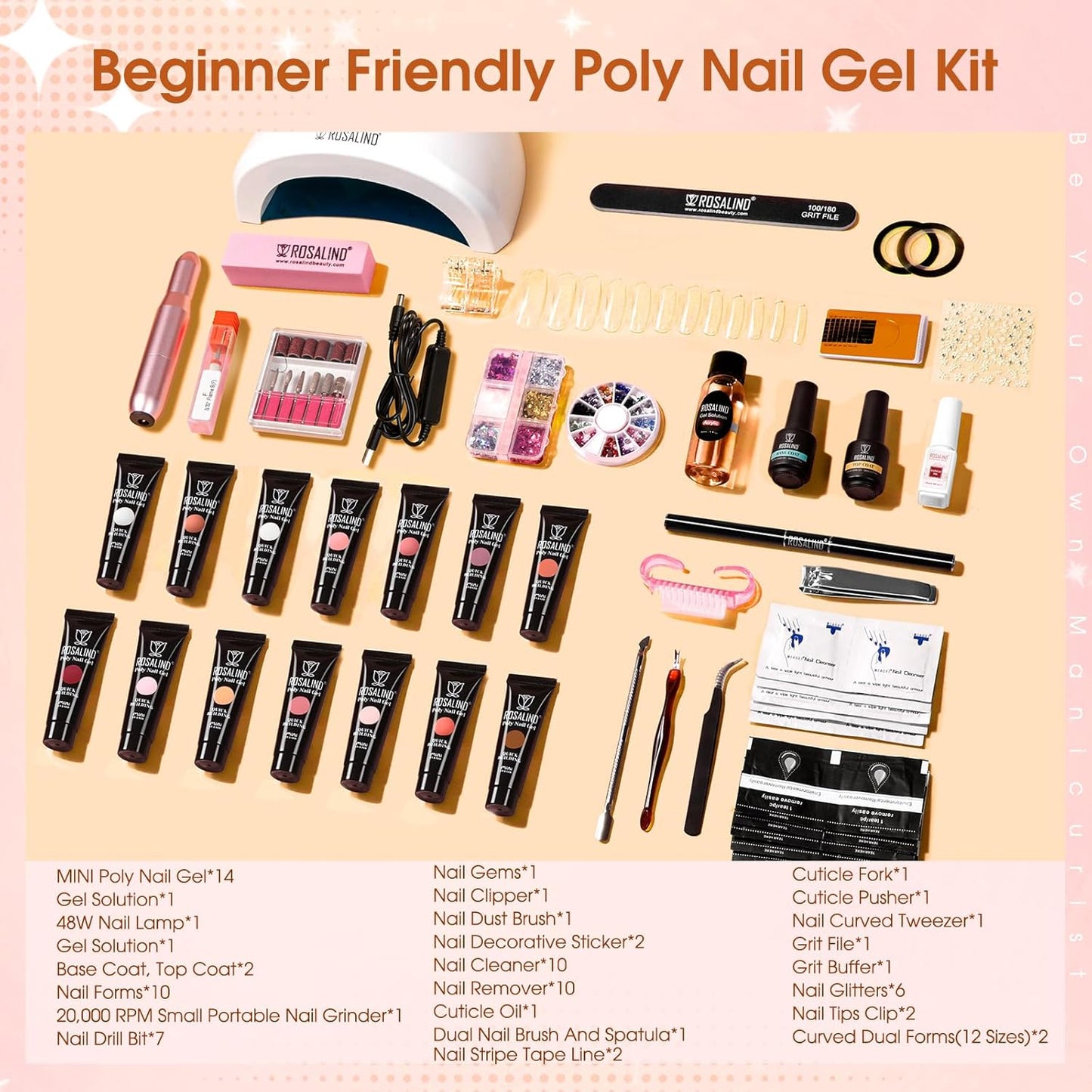 ROSALIND Poly Nail Gel Kit -14 Colors + 75 Nail Art Accessories Kit Nude Pink Series Poly Gel with Big Uv Light 48W and Electric Nail Drill Poly Nail Gel Starter Kit with Everything Gift