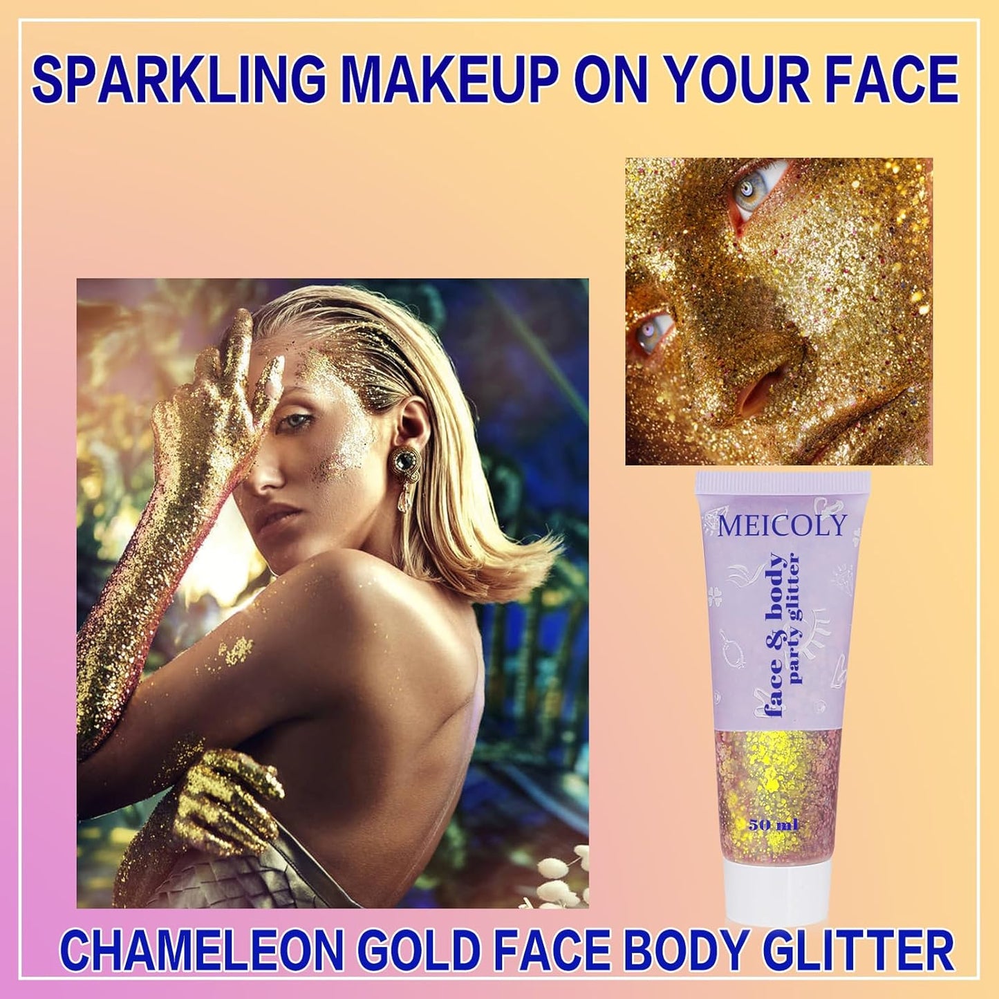 MEICOLY Chameleon Gold Body Glitter,Mardi Gras Outfit for Women,Color Changing Face Glitter,Chunky Glitter Face Paint,Holographic Glitter Sequins for Face Body Hair,Festival Party Glitter Makeup,50ml