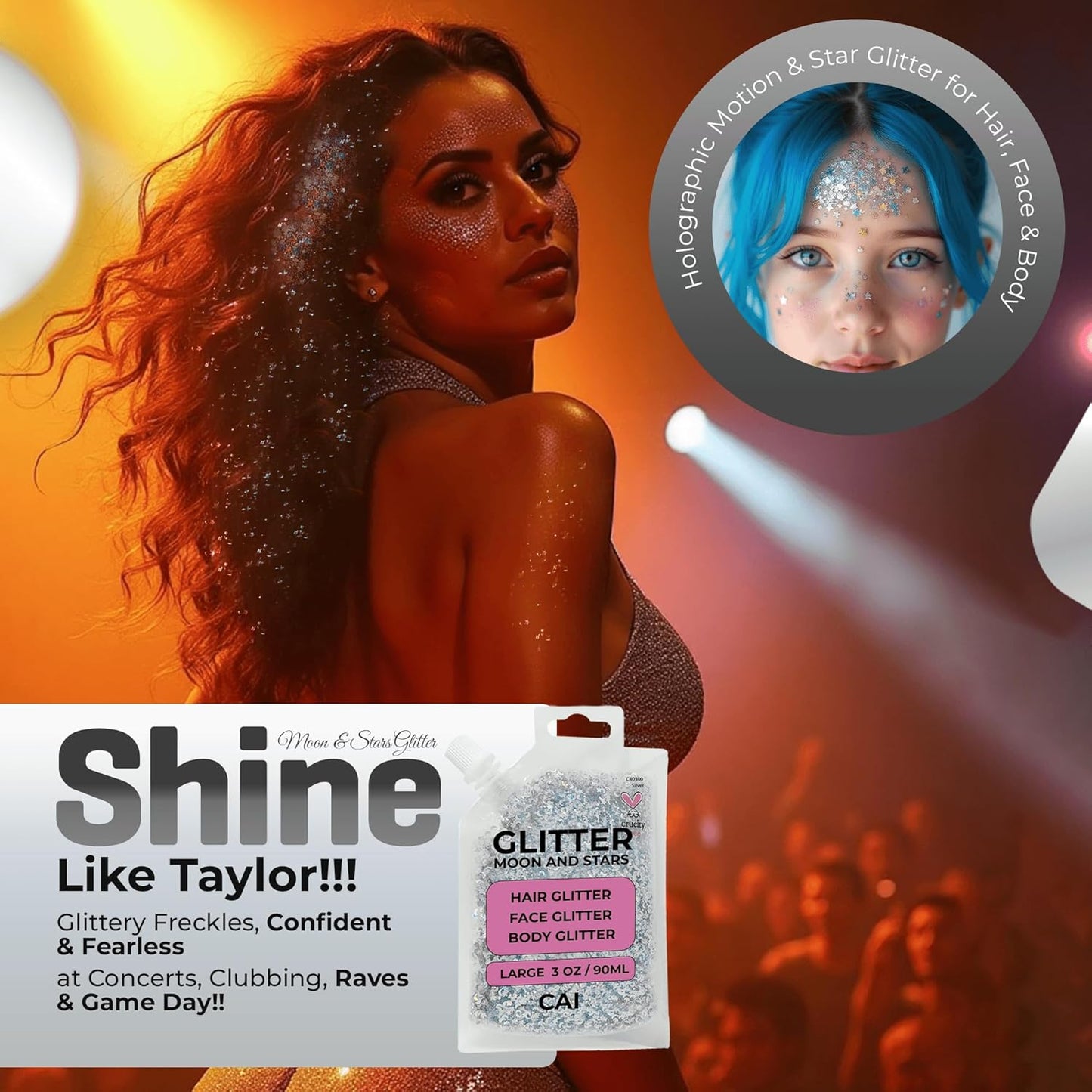 Face, Body & Hair Glitter Gel – Halloween Glitter for Kids and Women – 3 Oz Cosmetic-Grade Gel w/Moon & Stars for Festivals & Halloween Party, Easy Apply & Wash Off - Gold 2Pack