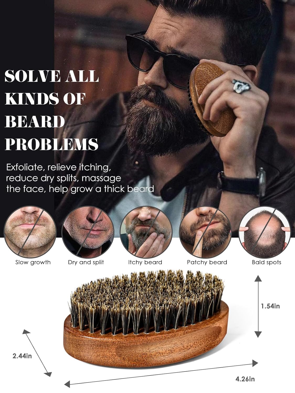 Beard Brush, Natural Boar Bristles Beard Brush for Men and Wooden Sandalwood Pocket Beard Comb Set, Facial Hair Grooming Kit with Mustache Scissors as a Styling Tool, Growth, Detangles, Shine