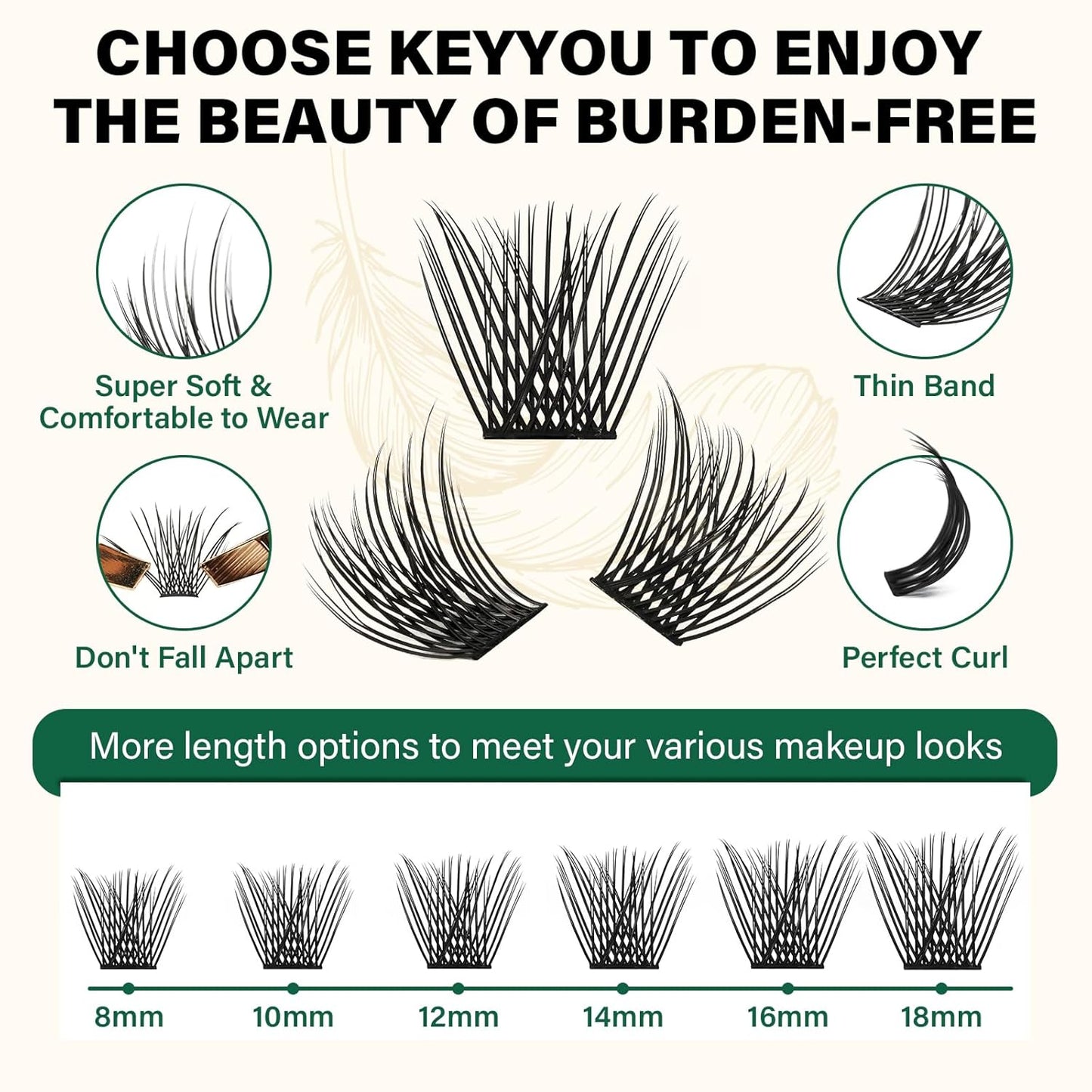 KEYYOU Lash Clusters 144pcs Individual D Curl 10mm Air Touch Cluster Lashes Super Lightweight Soft Wispy Comfortable Easy DIY at Home