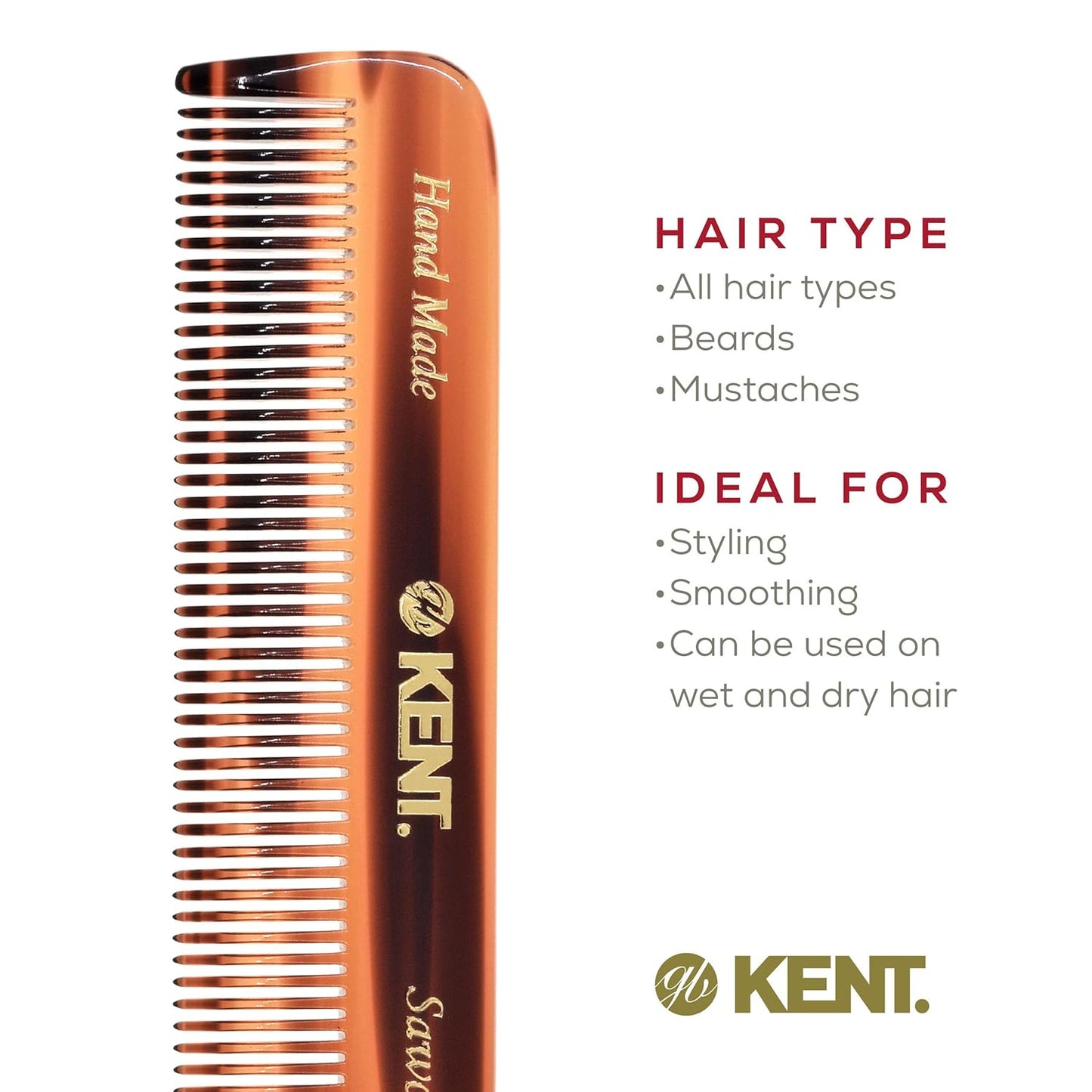 Kent FOT Tortoise Fine Tooth Handmade Pocket Comb for Men, Women and Kids, Hair Comb Straightener for Everyday Grooming and Styling, Beard and Mustache, Saw Cut and Hand Polished, Made in England