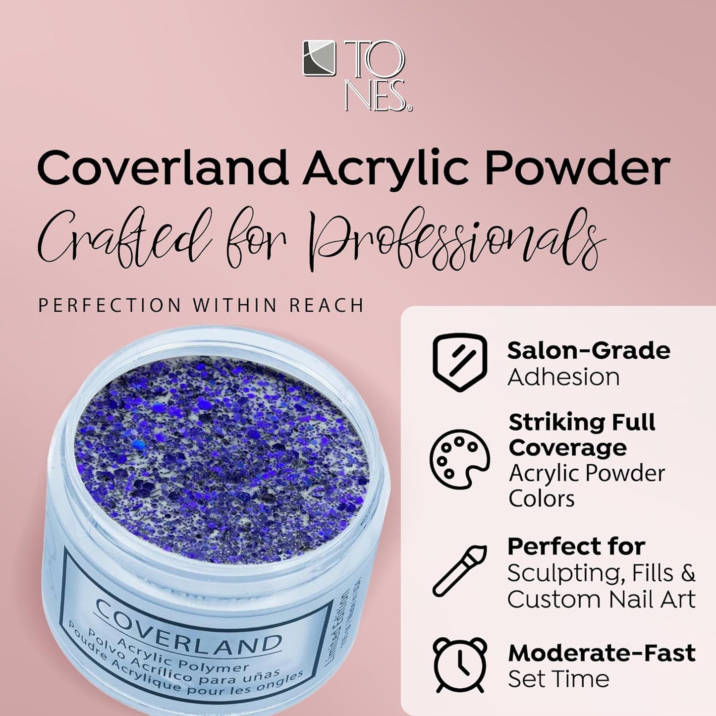Tones Coverland Acrylic Nail Powder "Midnight Dreams" - Limited Edition Acrylic Powder for Nail Design, Sculpting, and Masking Nail Bed Imperfections - Professional Acrylic Nail Supplies - (1.5 Oz)